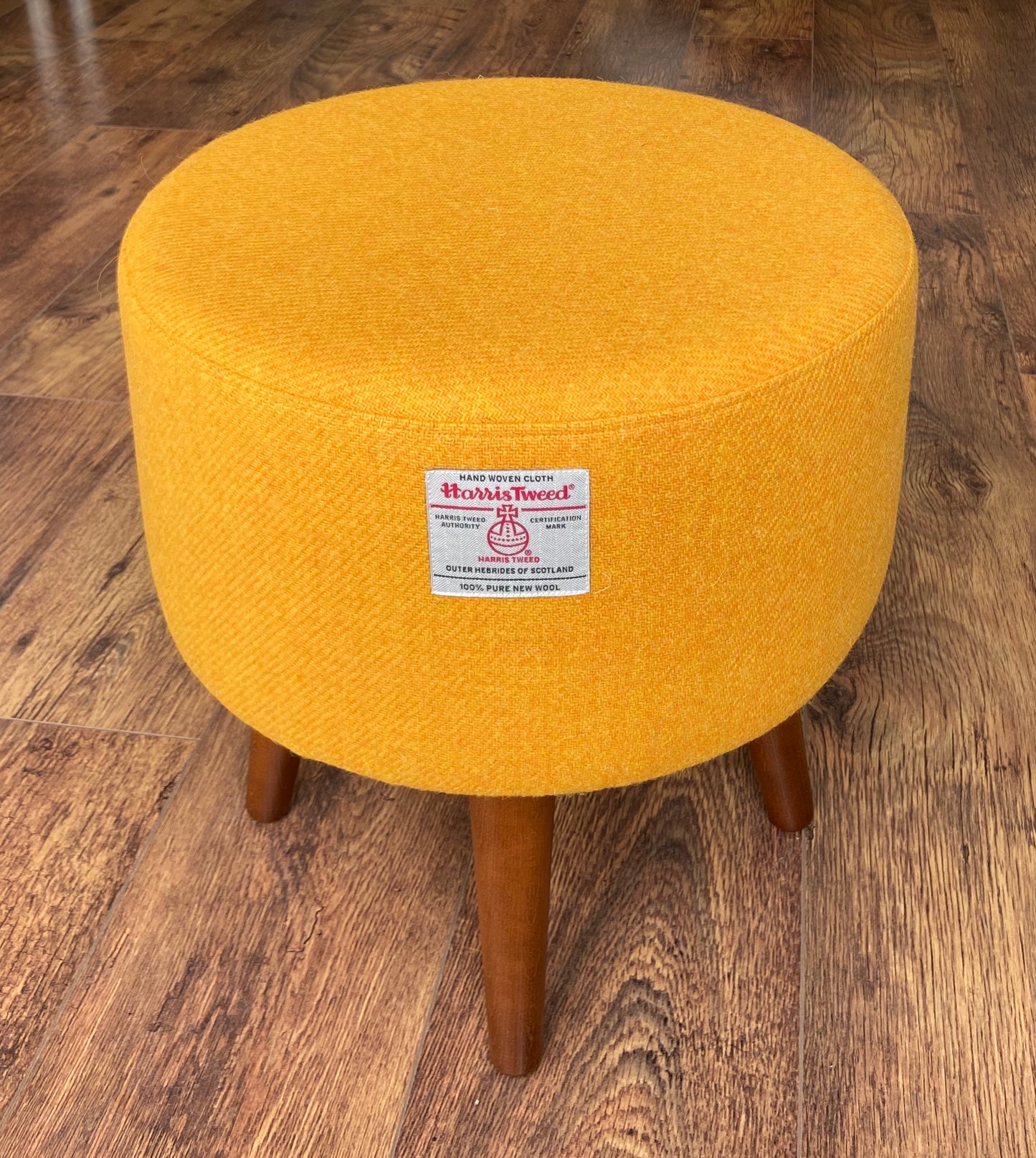 Yellow Harris Tweed Footstool with Varnished Wooden Legs