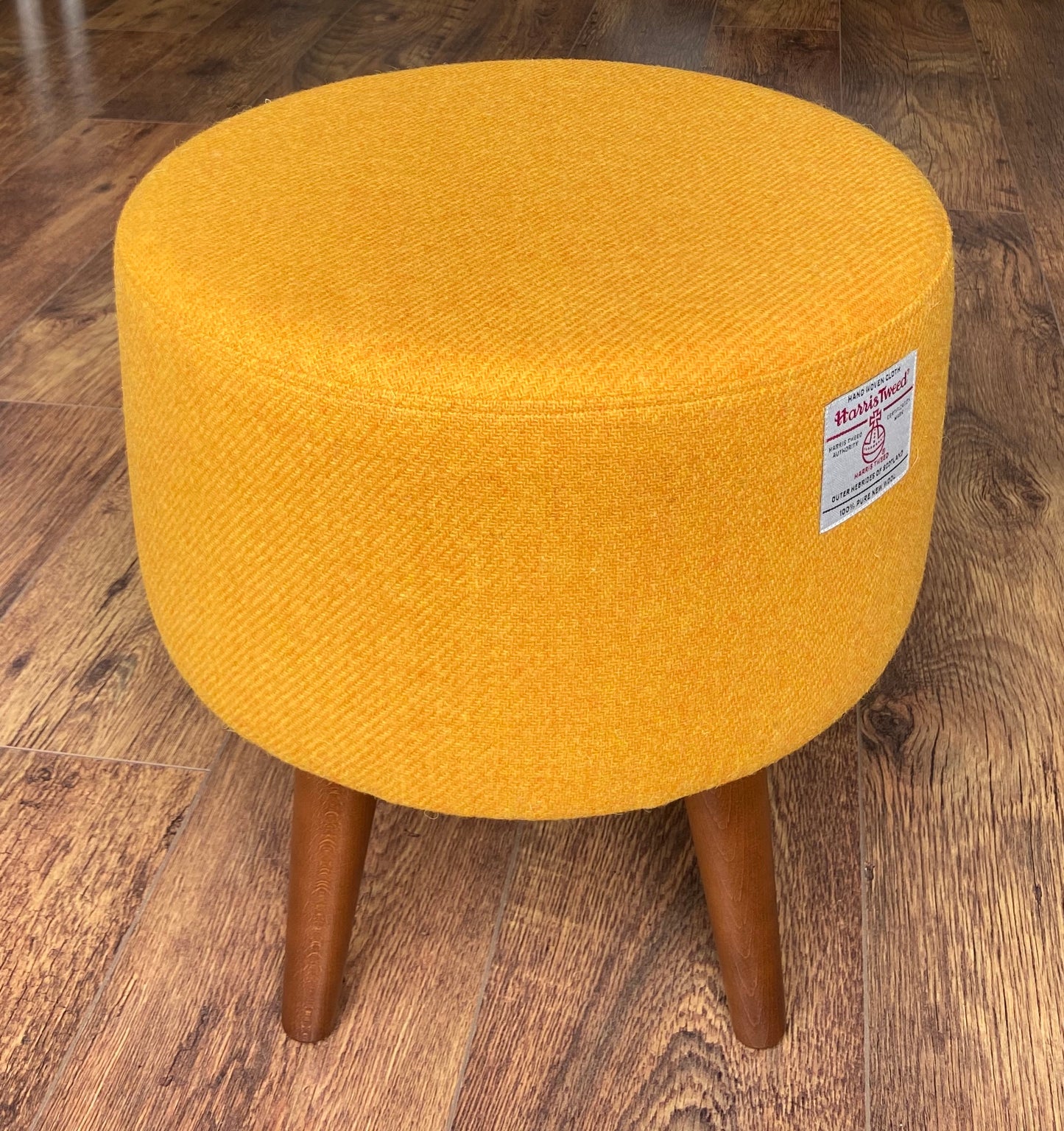 Yellow Harris Tweed Footstool with Dark Wooden Legs