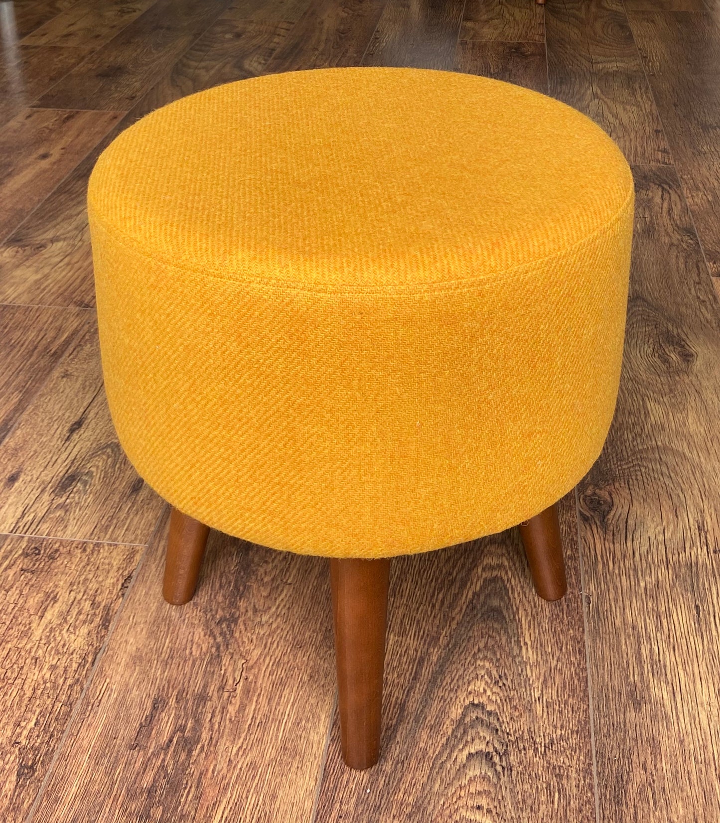 Yellow Harris Tweed Footstool with Dark Wooden Legs