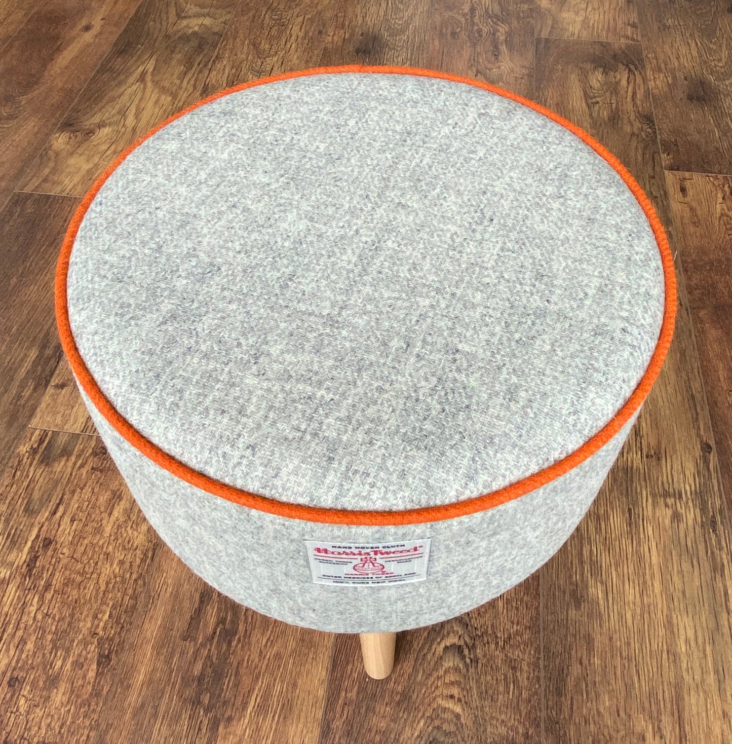 Grey Harris Tweed Footstool with Orange Piping and Varnished Wooden Legs