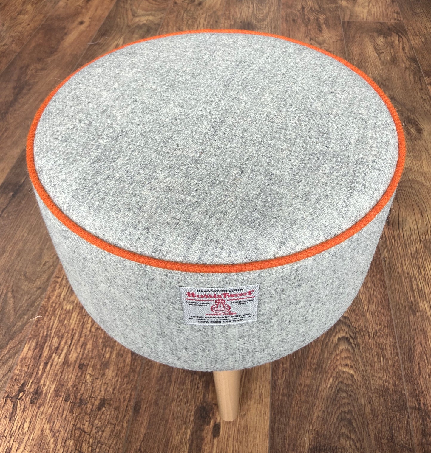 Grey Harris Tweed Footstool with Orange Piping and Varnished Wooden Legs