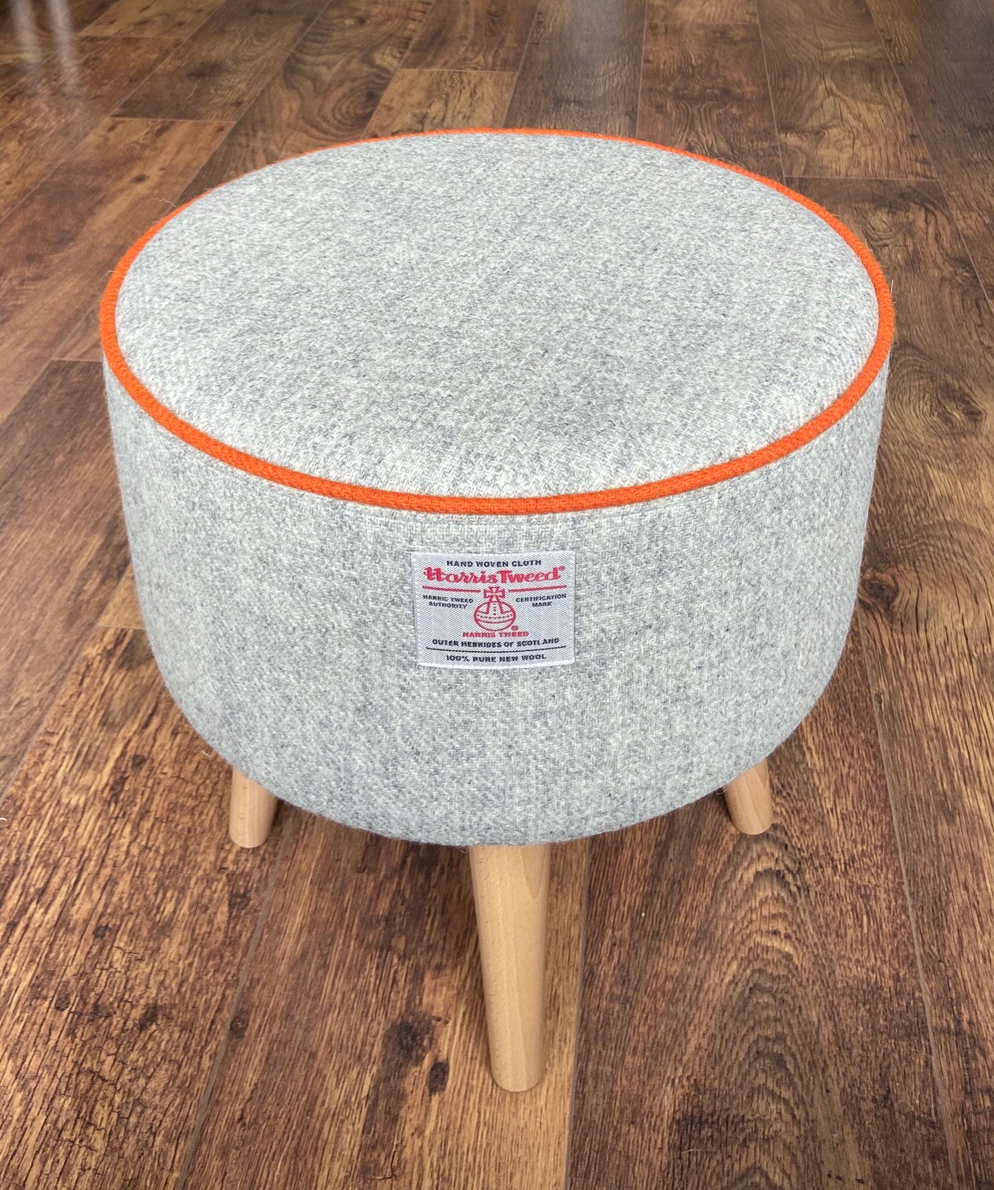 Grey Harris Tweed Footstool with Orange Piping and Varnished Wooden Legs