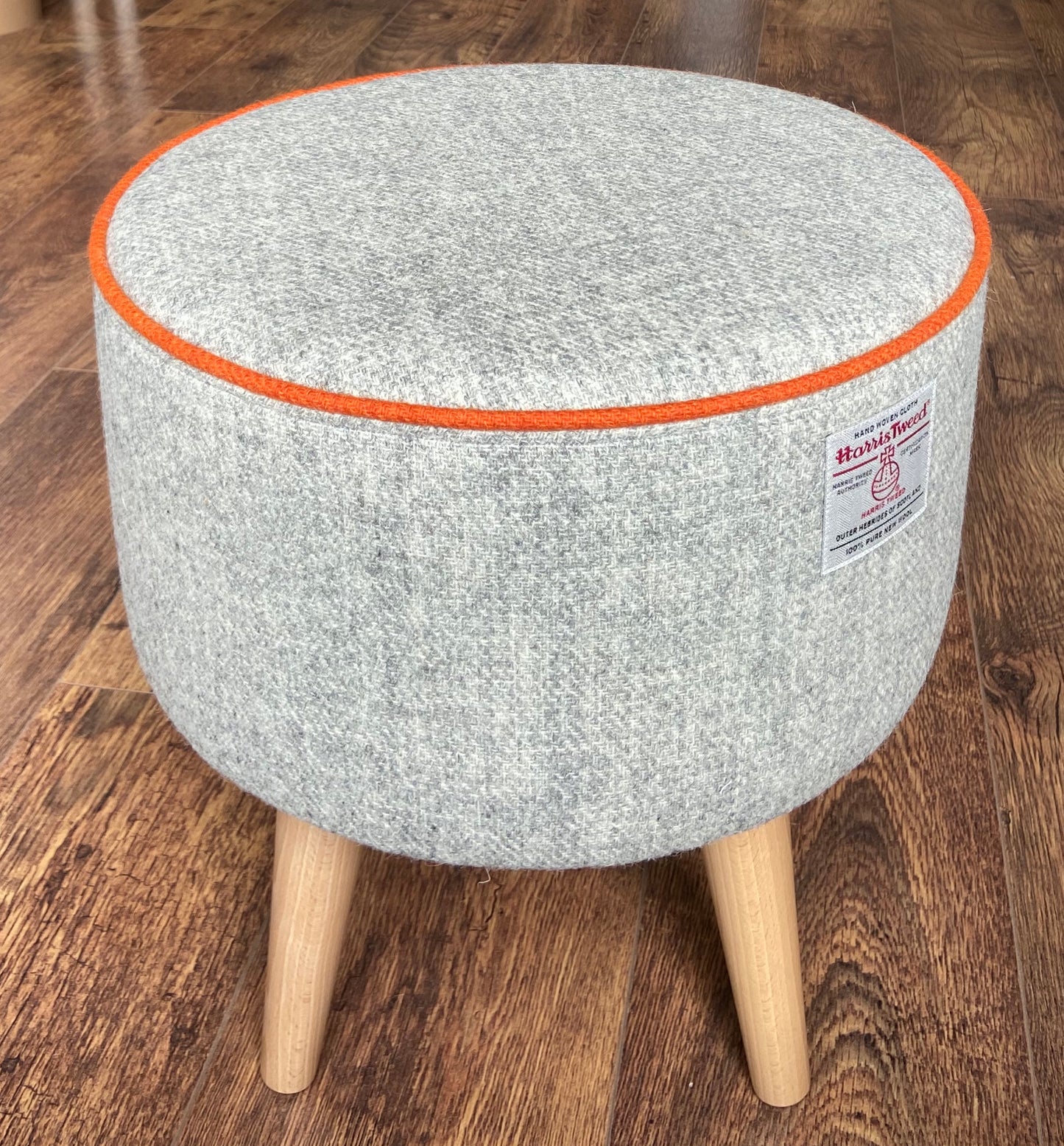 Grey Harris Tweed Footstool with Orange Piping and Varnished Wooden Legs