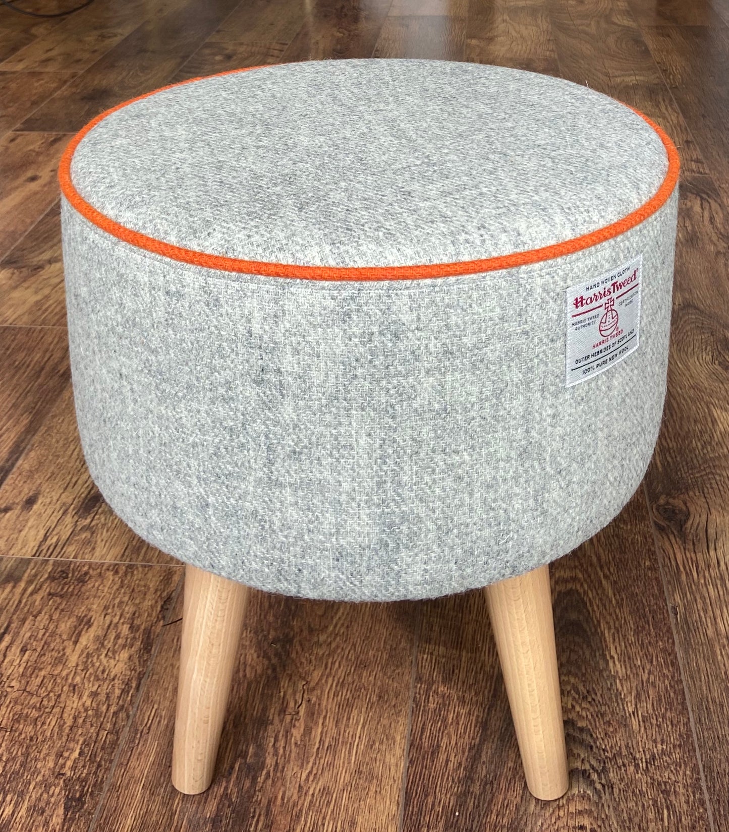 Grey Harris Tweed Footstool with Orange Piping and Varnished Wooden Legs