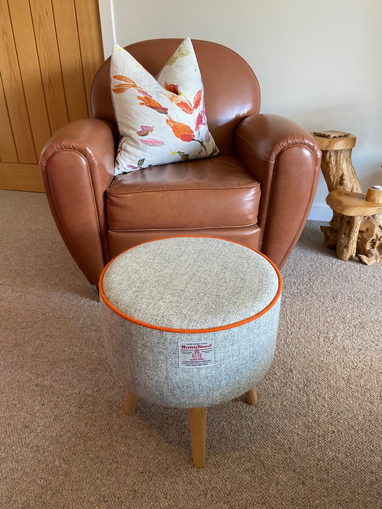 Grey Harris Tweed Footstool with Orange Piping and Varnished Wooden Legs