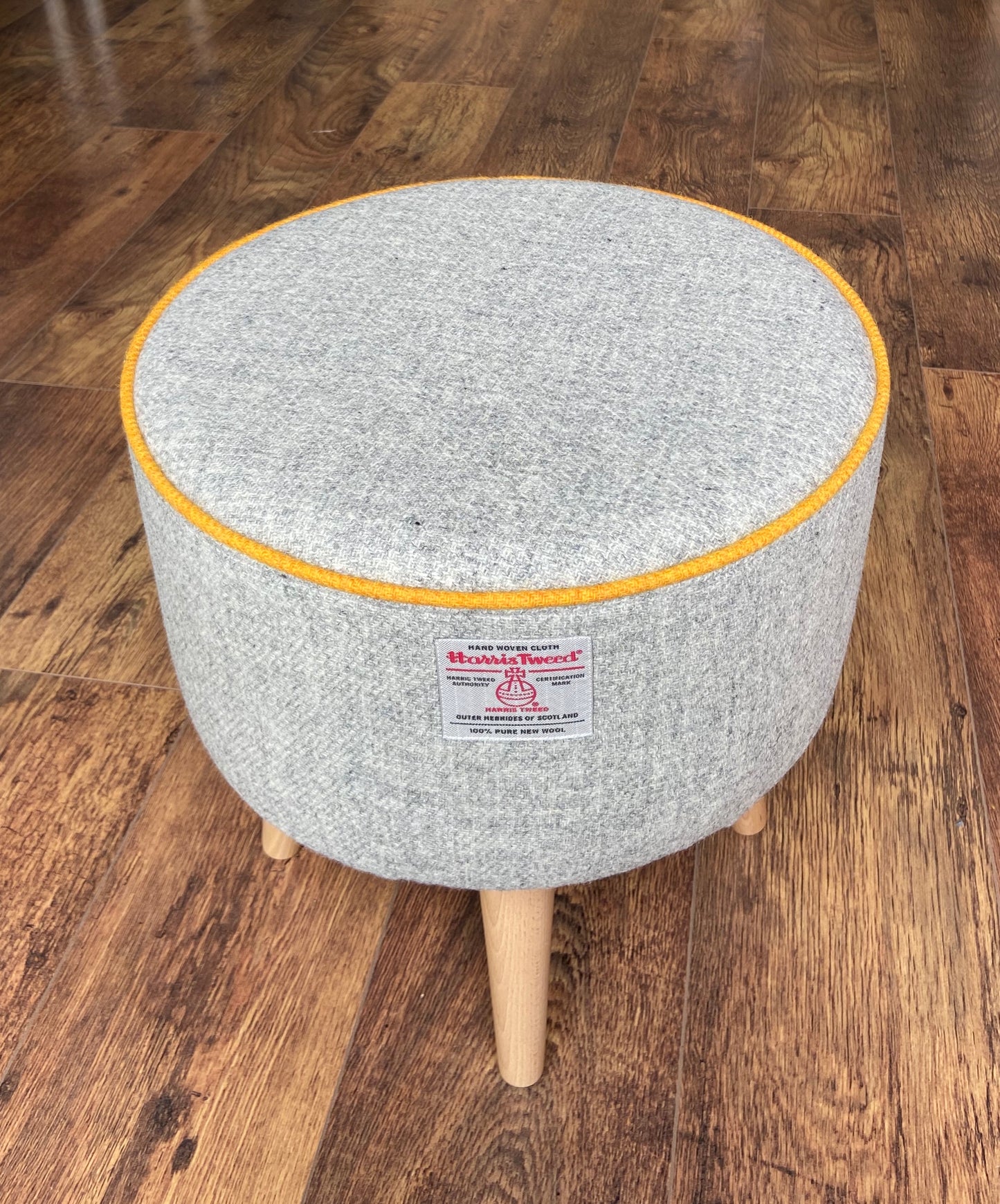 Grey Harris Tweed Footstool with Yellow Piping and Varnished Wooden Legs