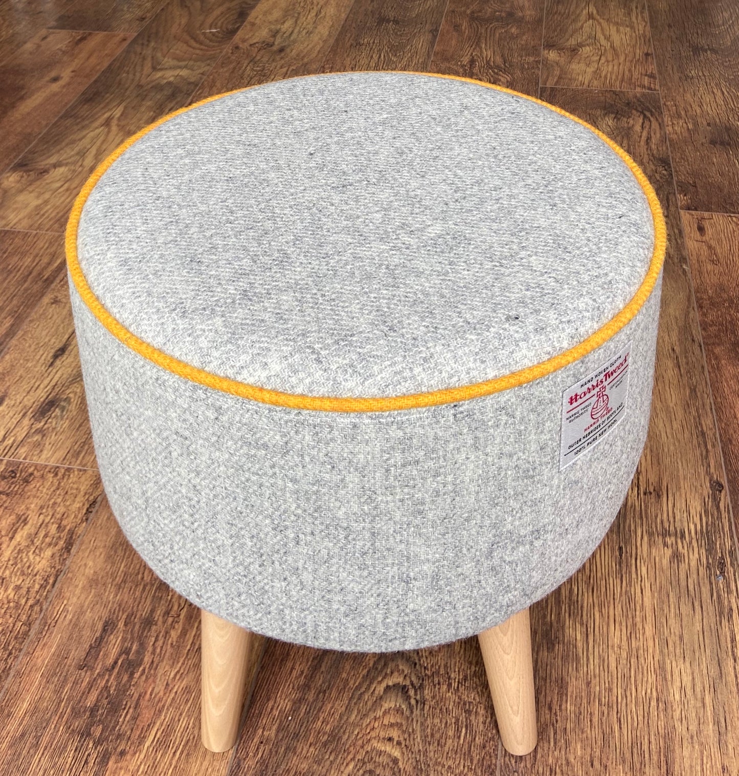 Grey Harris Tweed Footstool with Yellow Piping and Varnished Wooden Legs