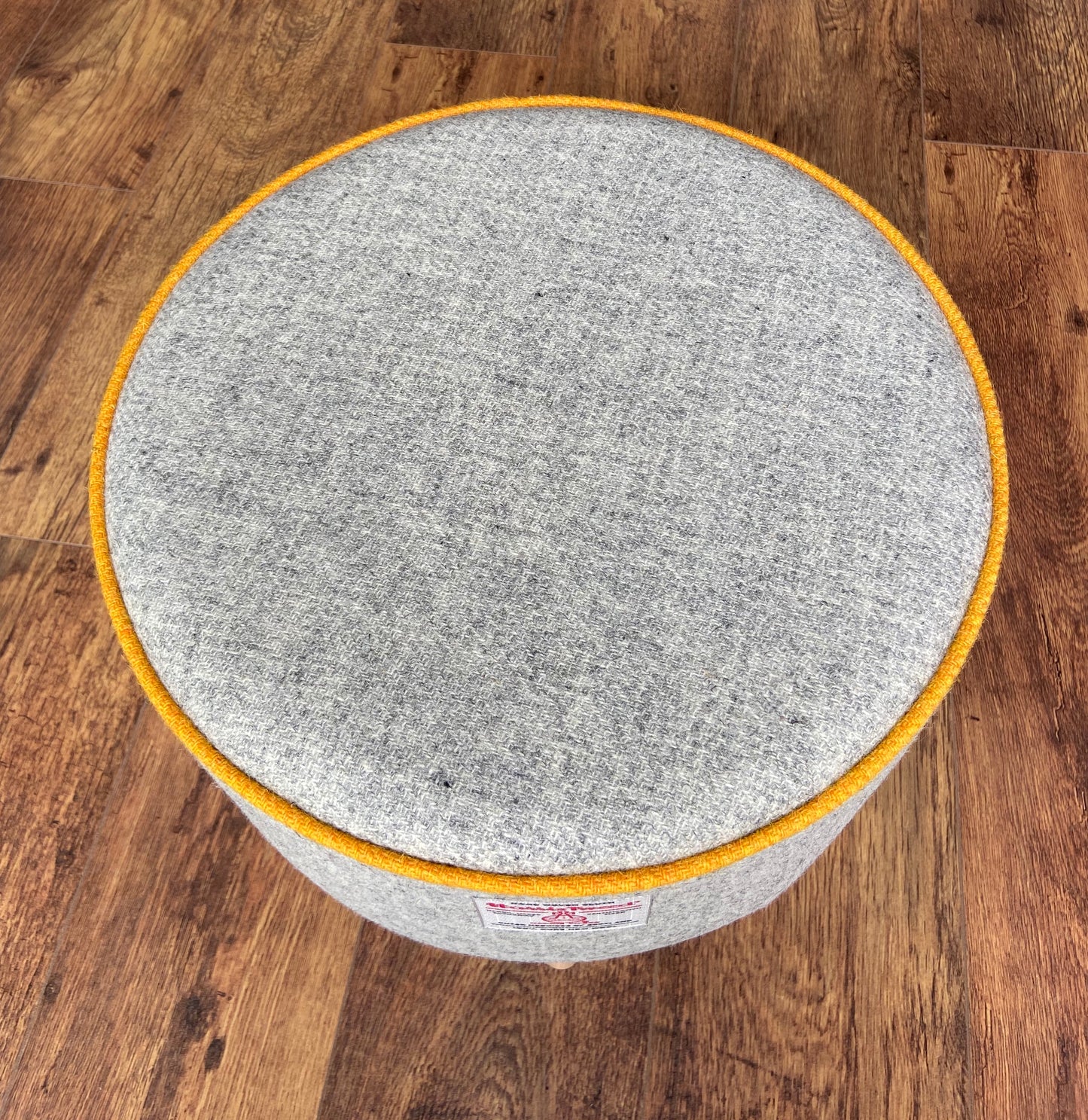 Grey Harris Tweed Footstool with Yellow Piping and Varnished Wooden Legs