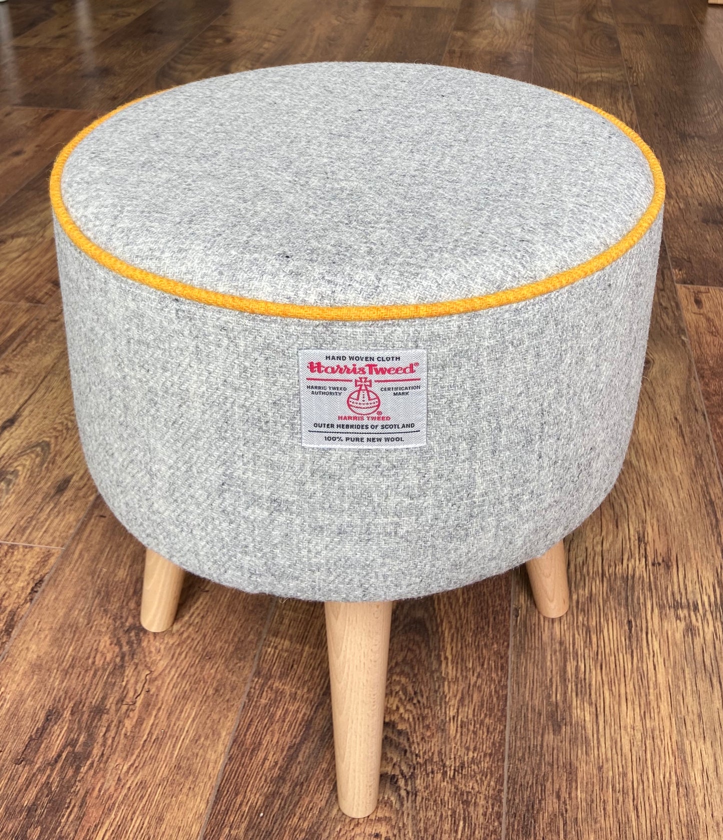 Grey Harris Tweed Footstool with Yellow Piping and Varnished Wooden Legs