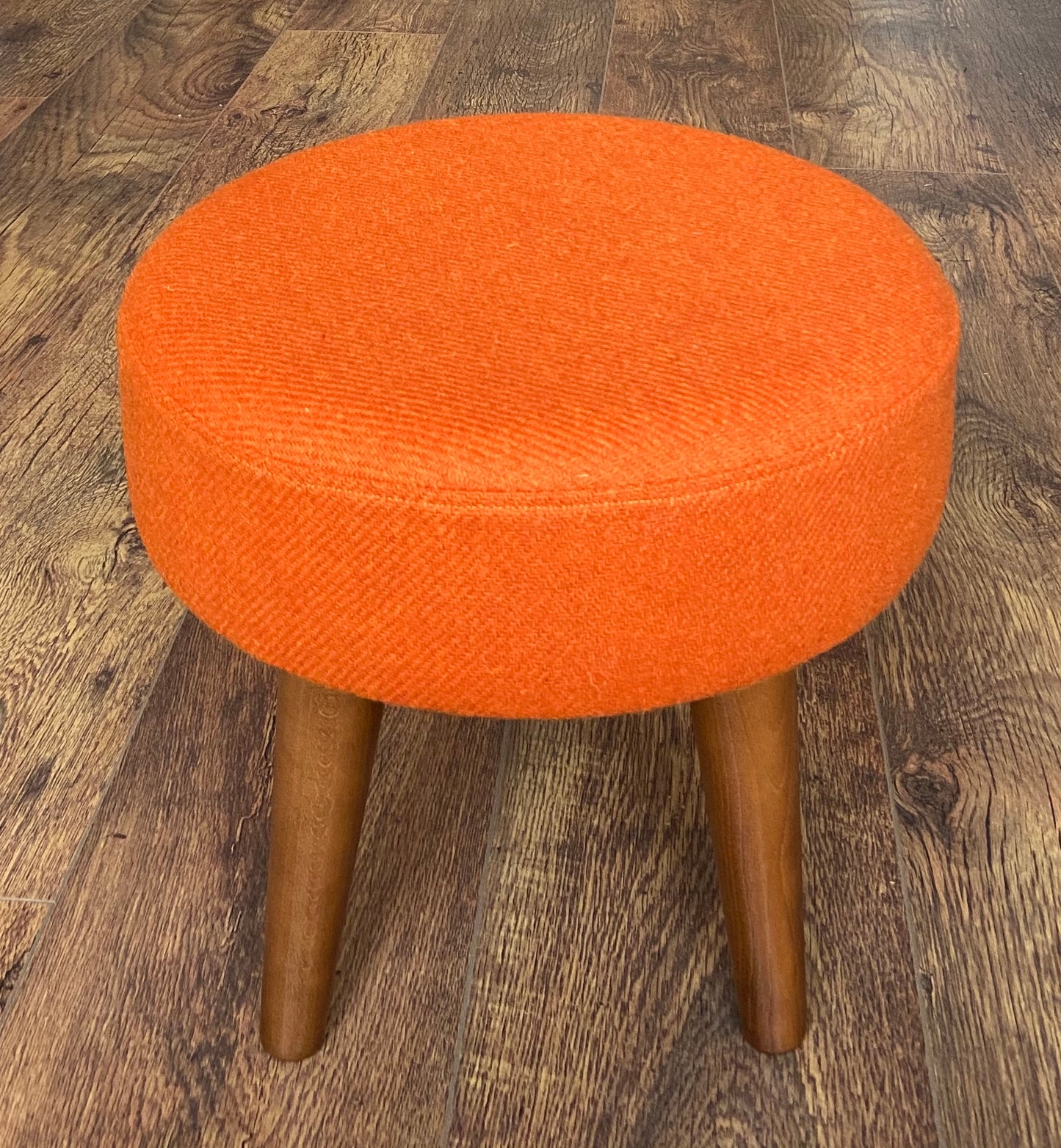Orange Harris Tweed Footstool with Dark Varnished Wooden Legs