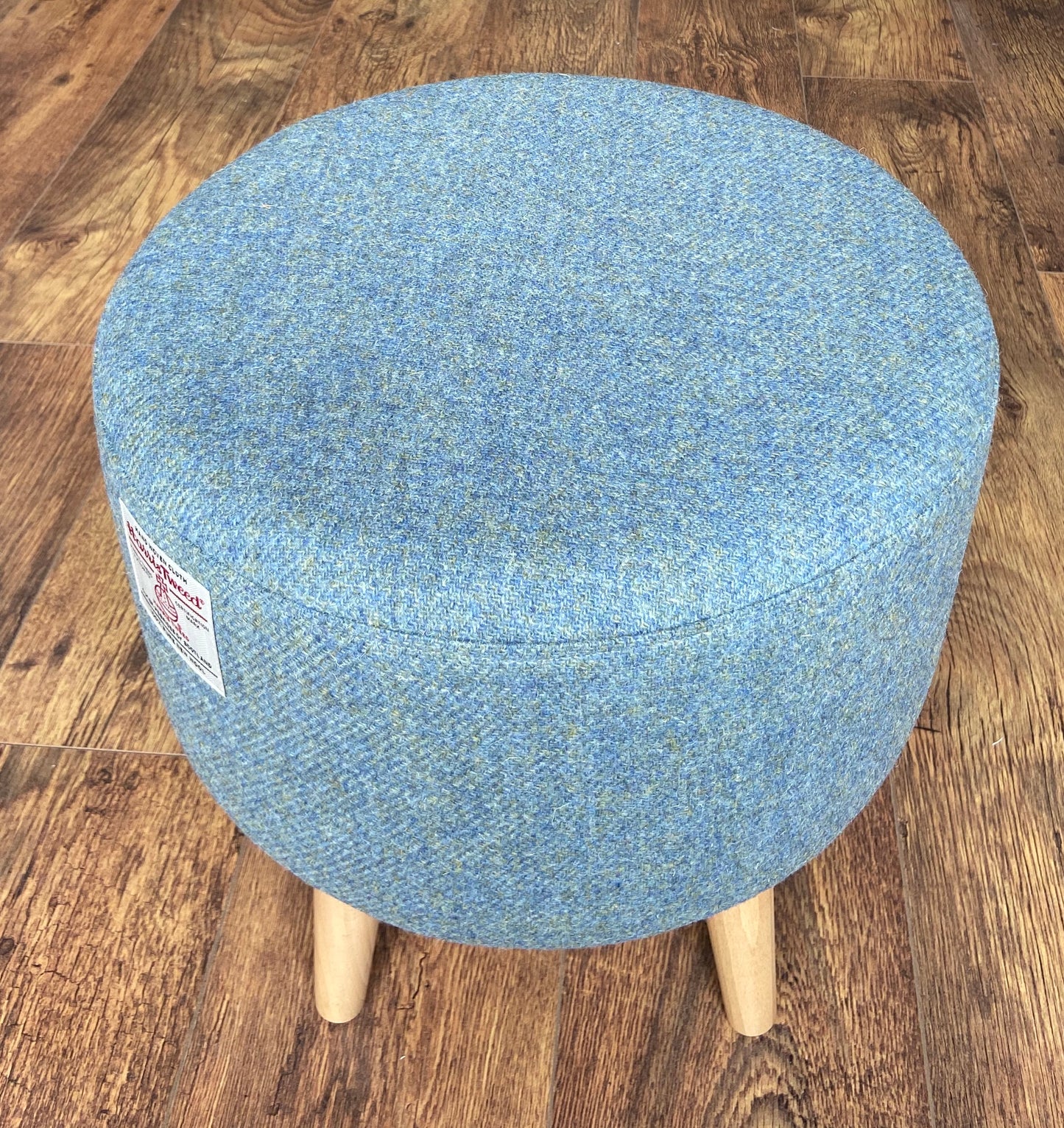 Light Blue Harris Tweed Round Footstool with Varnished Wooden Legs