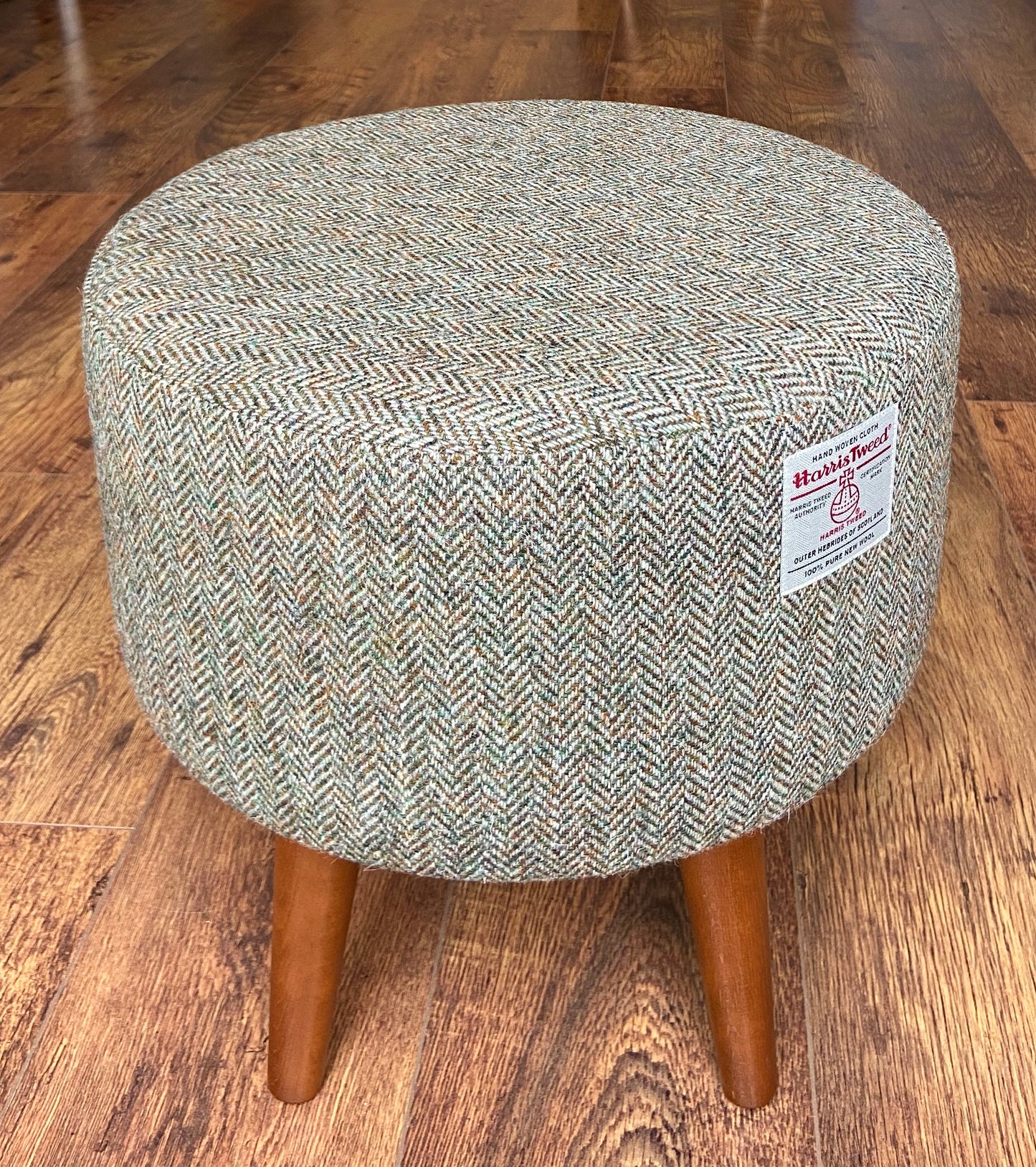 Brown Green Harris Tweed Herringbone Footstool with Dark Varnished Wooden Legs