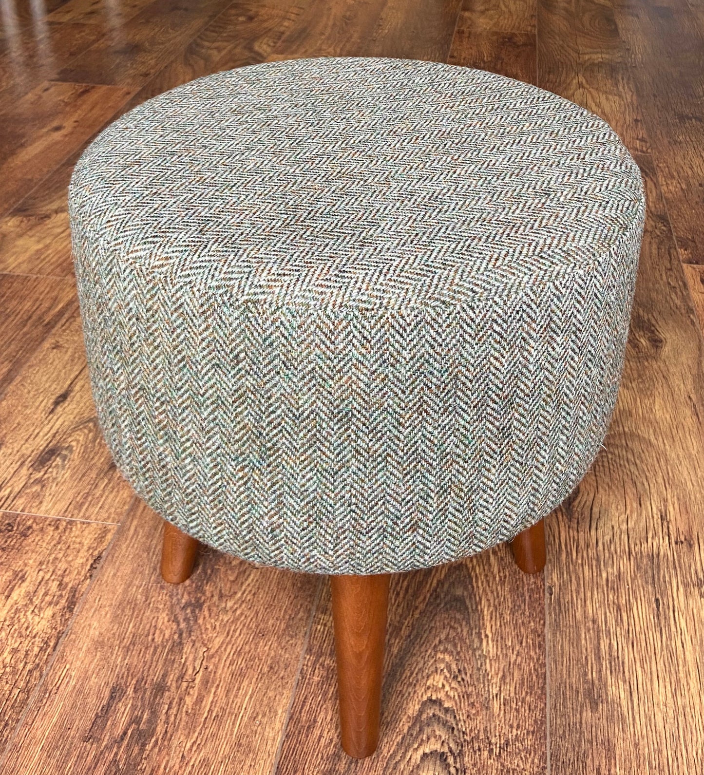 Brown Green Harris Tweed Herringbone Footstool with Dark Varnished Wooden Legs