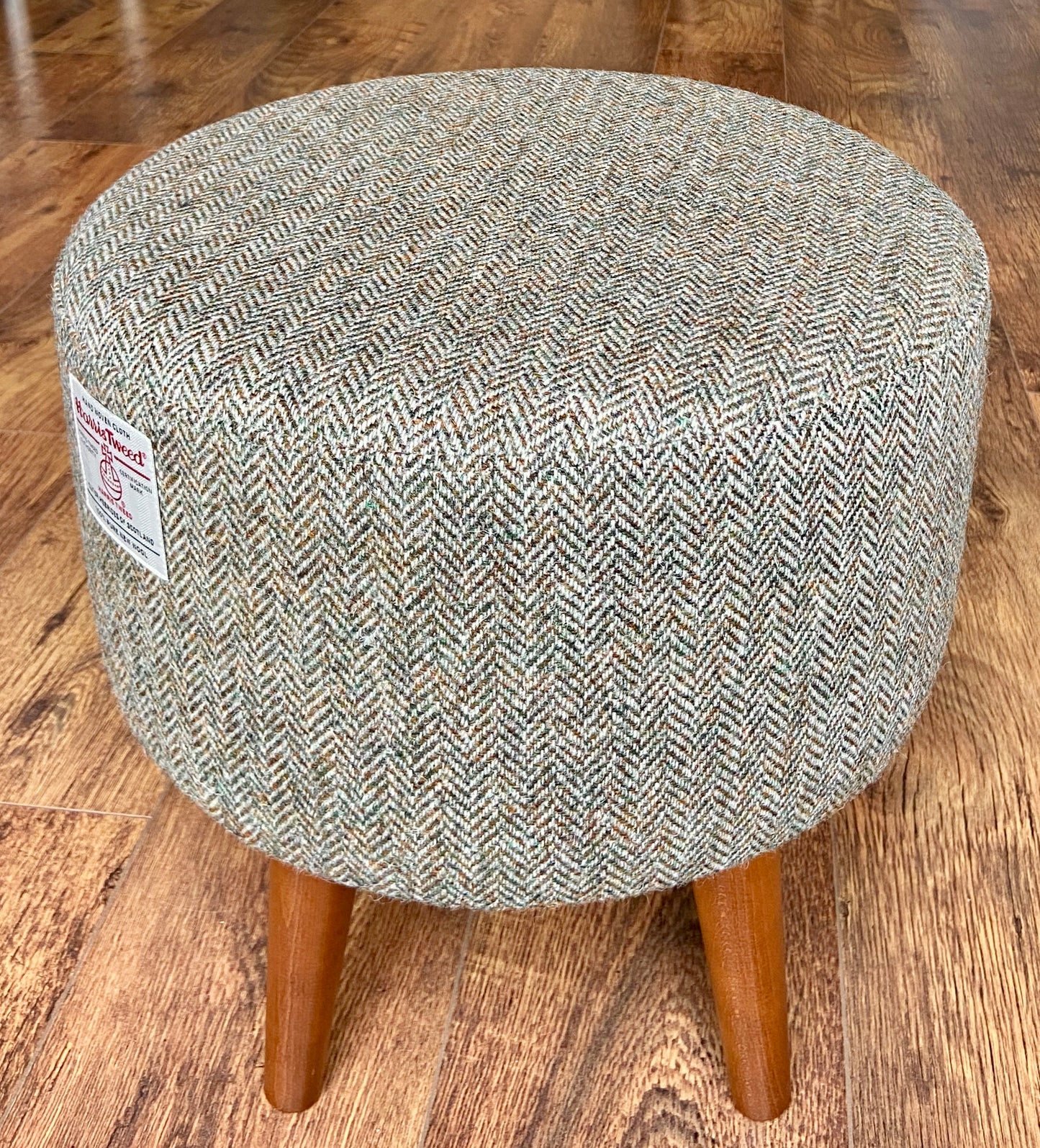 Brown Green Harris Tweed Herringbone Footstool with Dark Varnished Wooden Legs