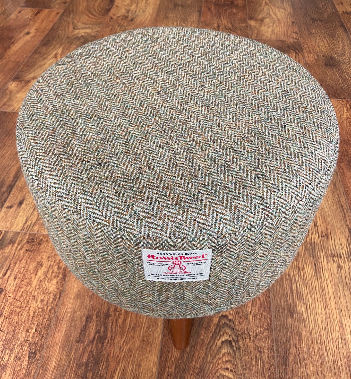 Brown Green Harris Tweed Herringbone Footstool with Dark Varnished Wooden Legs