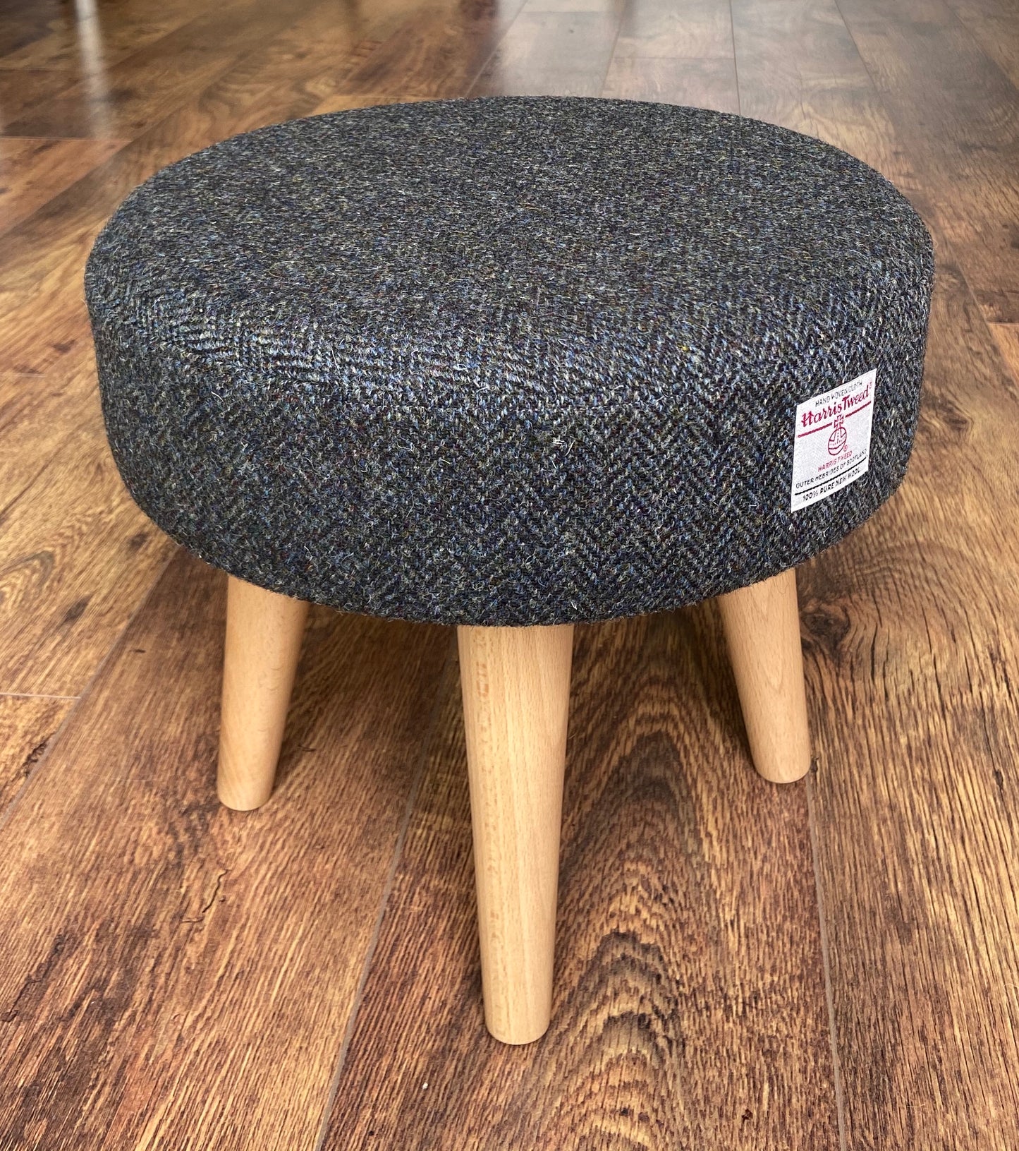 Charcoal Harris Tweed Footstool with Varnished Wooden Legs