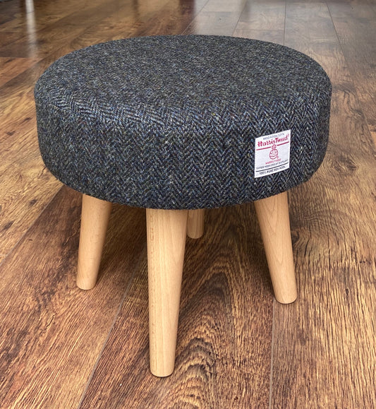 Charcoal Harris Tweed Footstool with Varnished Wooden Legs