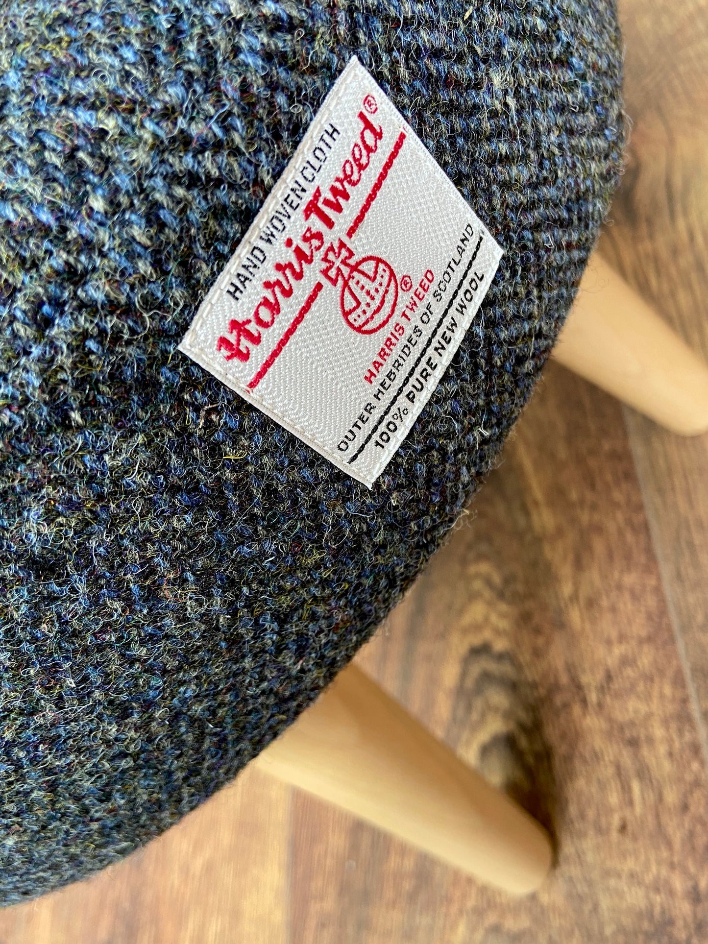 Charcoal Harris Tweed Footstool with Varnished Wooden Legs