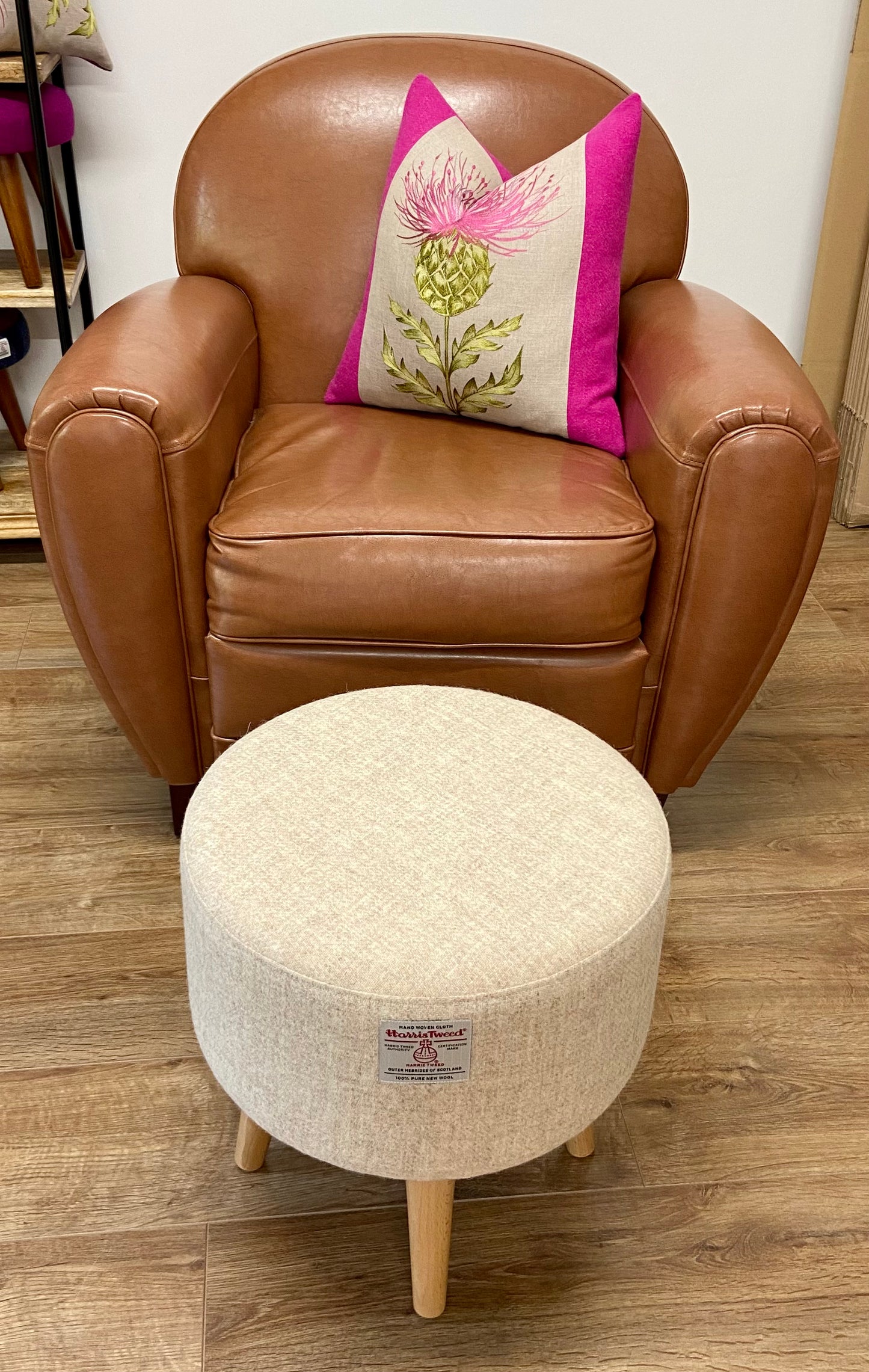 Oatmeal Cream Harris Tweed Footstool with Light Wooden Legs