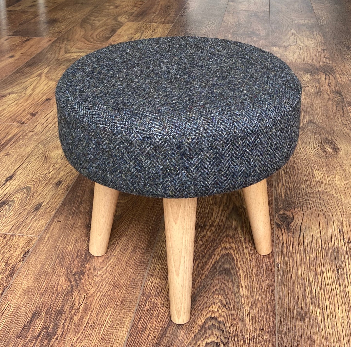 Charcoal Harris Tweed Footstool with Varnished Wooden Legs