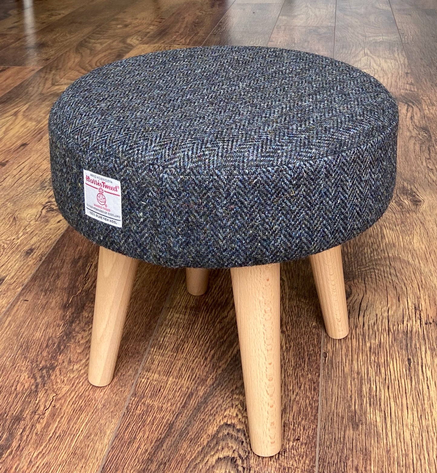 Charcoal Harris Tweed Footstool with Varnished Wooden Legs