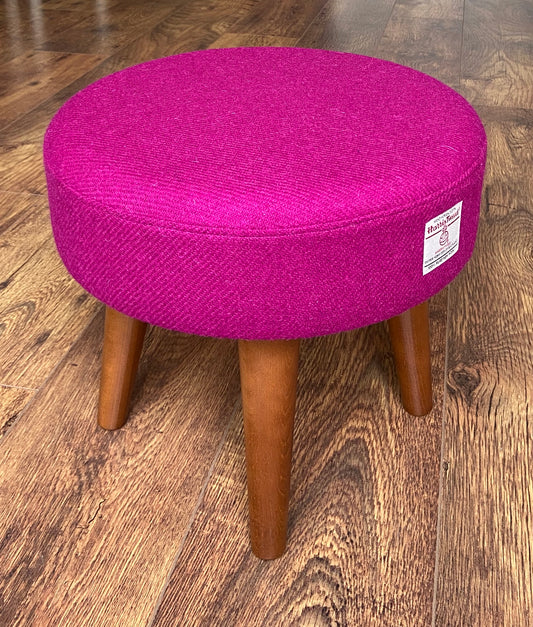 Fuchsia Harris Tweed Footstool with Dark Varnished Wooden Legs