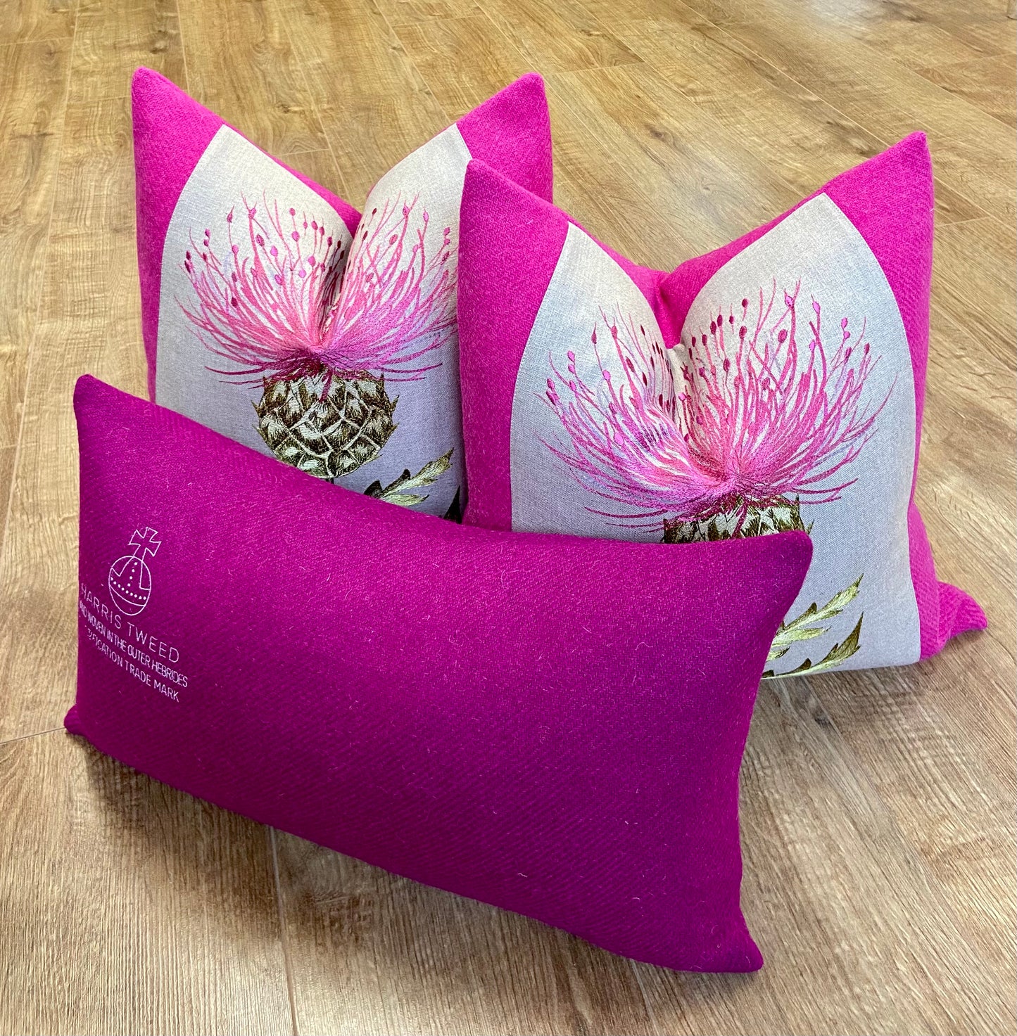 Vibrant Pink Embroidered Thistle and Harris Tweed Cushion 18”