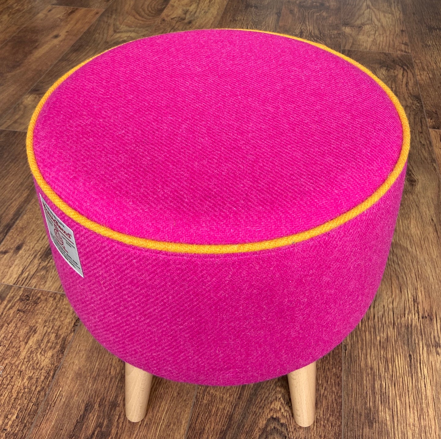 Pink Harris Tweed Footstool with Yellow Piping and Varnished Wooden Legs