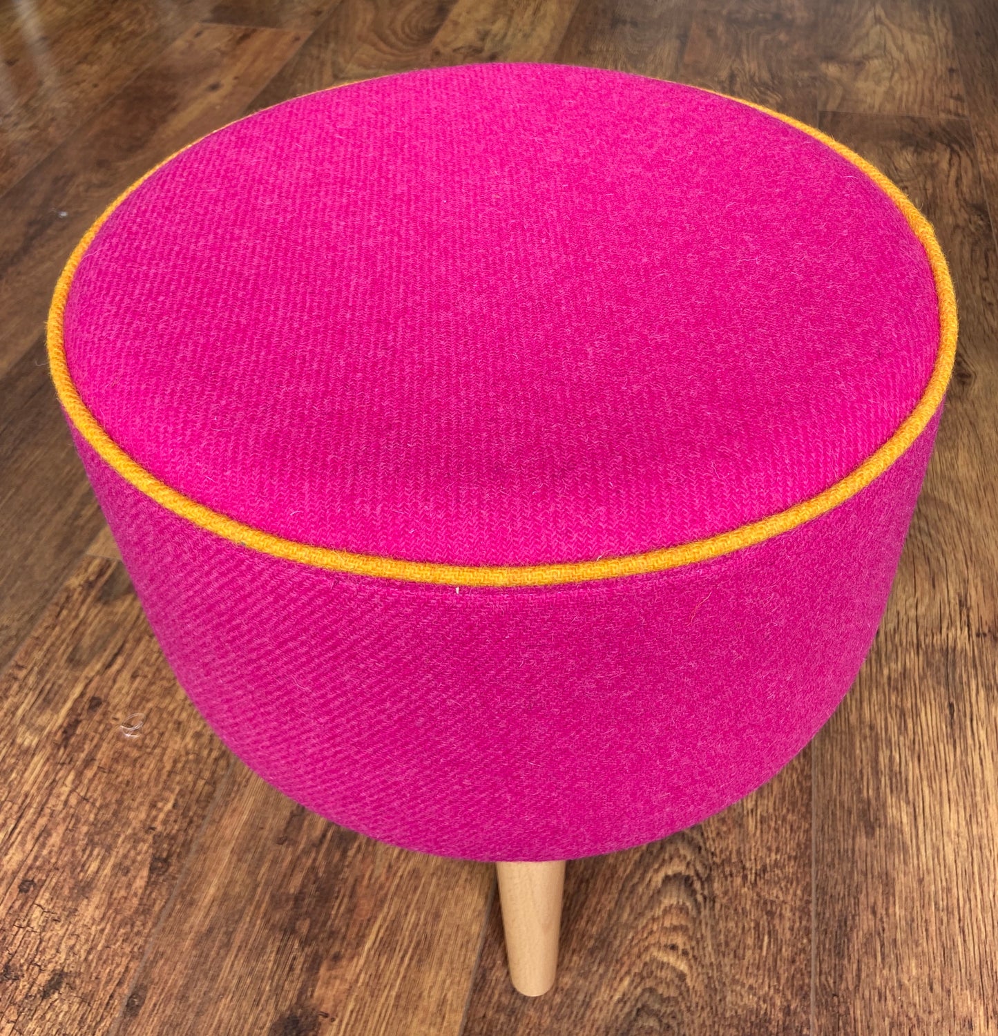 Pink Harris Tweed Footstool with Yellow Piping and Varnished Wooden Legs