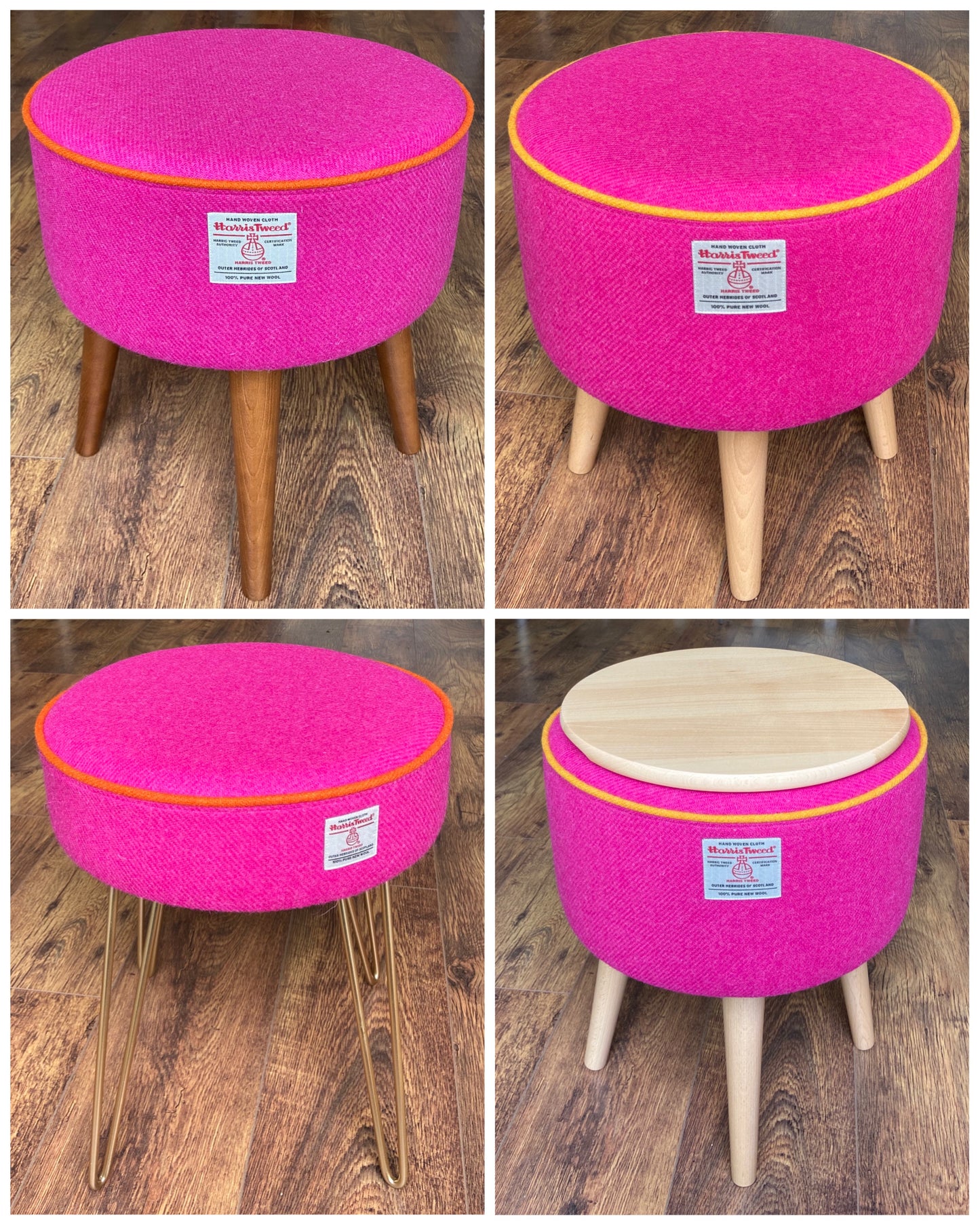 Pink Harris Tweed Footstool with Orange Piping and Dark Wooden Legs