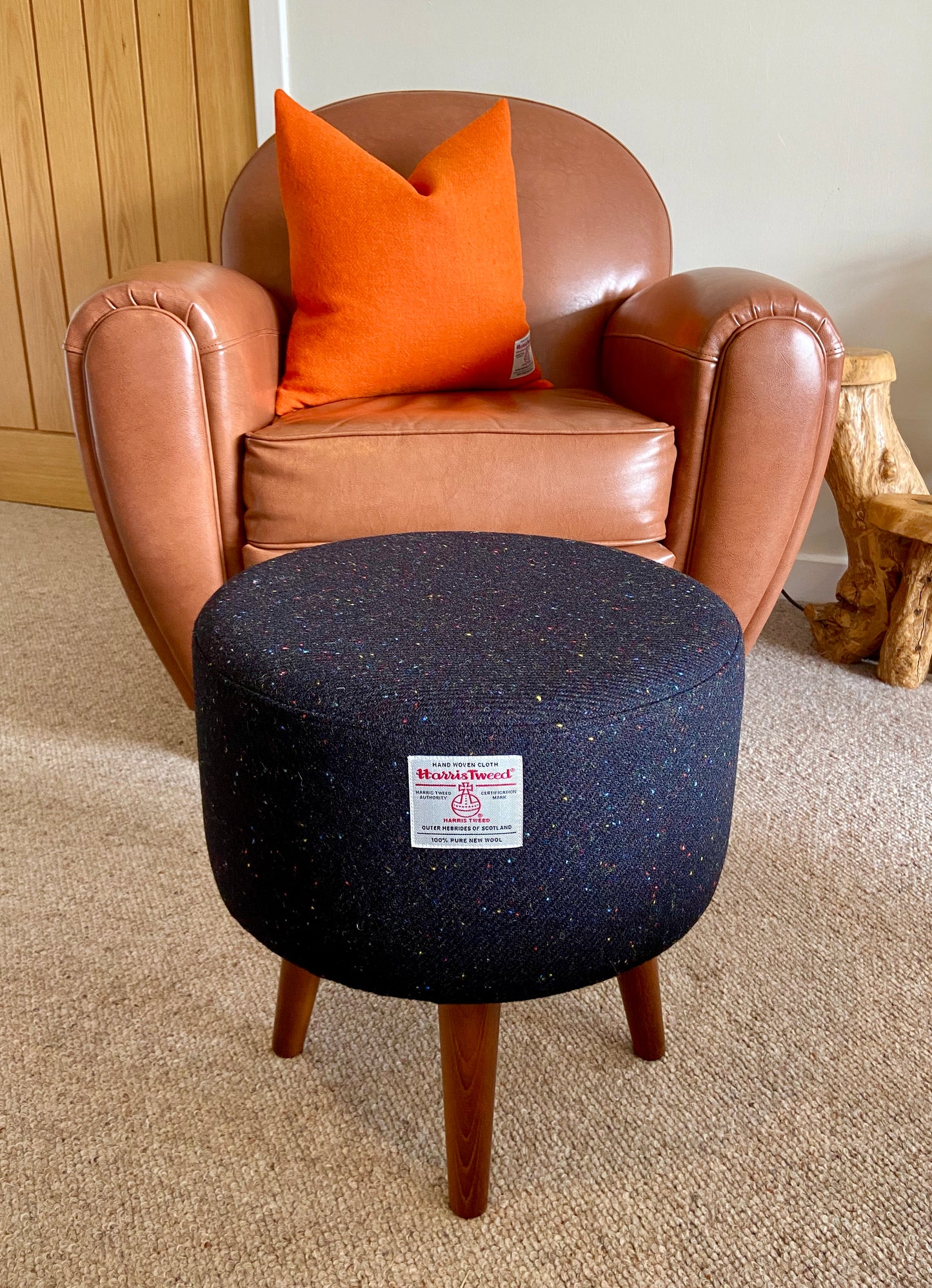 Black Speckled Harris Tweed Footstool with Dark Varnished Wooden Legs