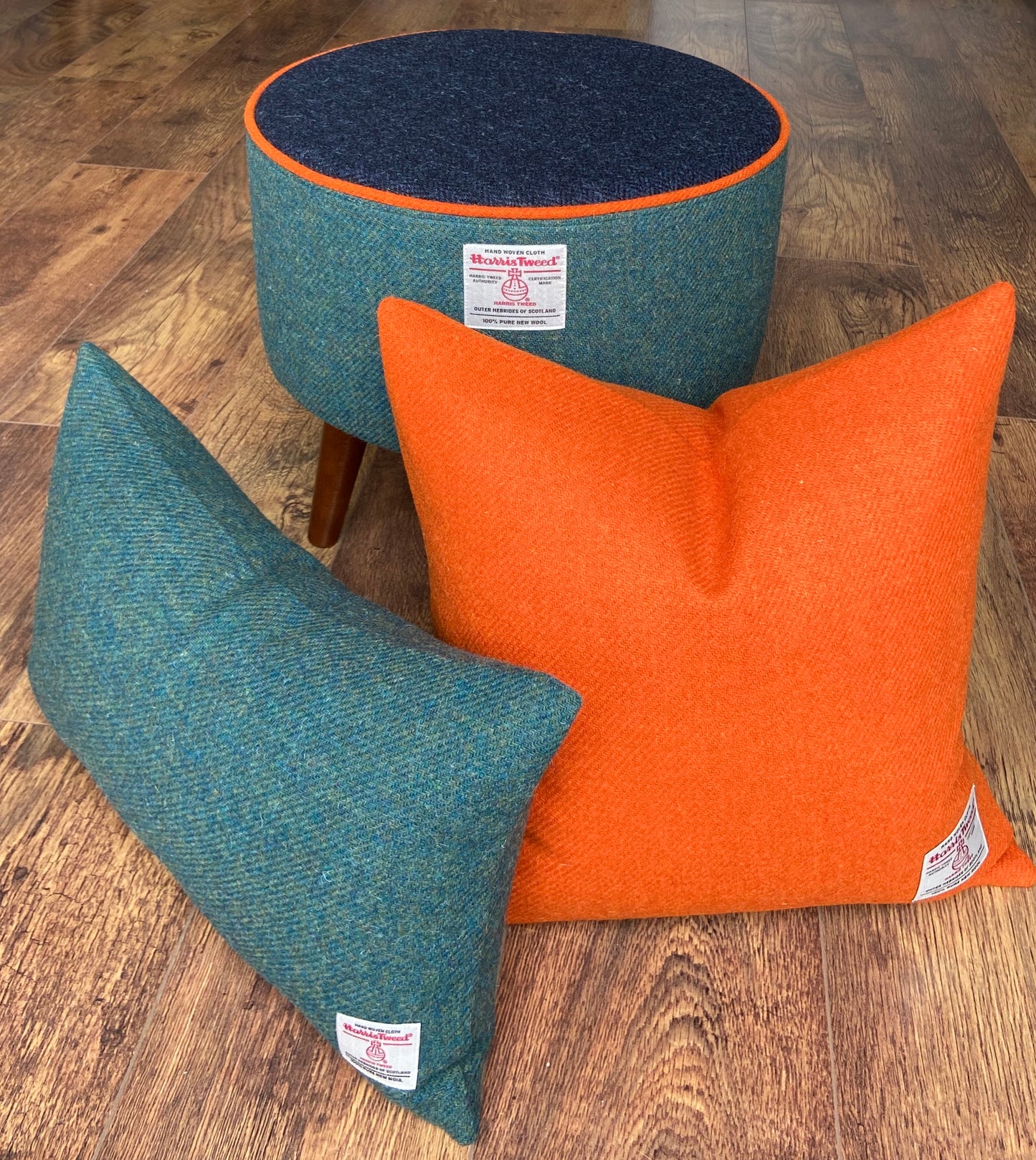 Green and Blue Harris Tweed Footstool with Orange Piping and Dark Varnished Wooden Legs