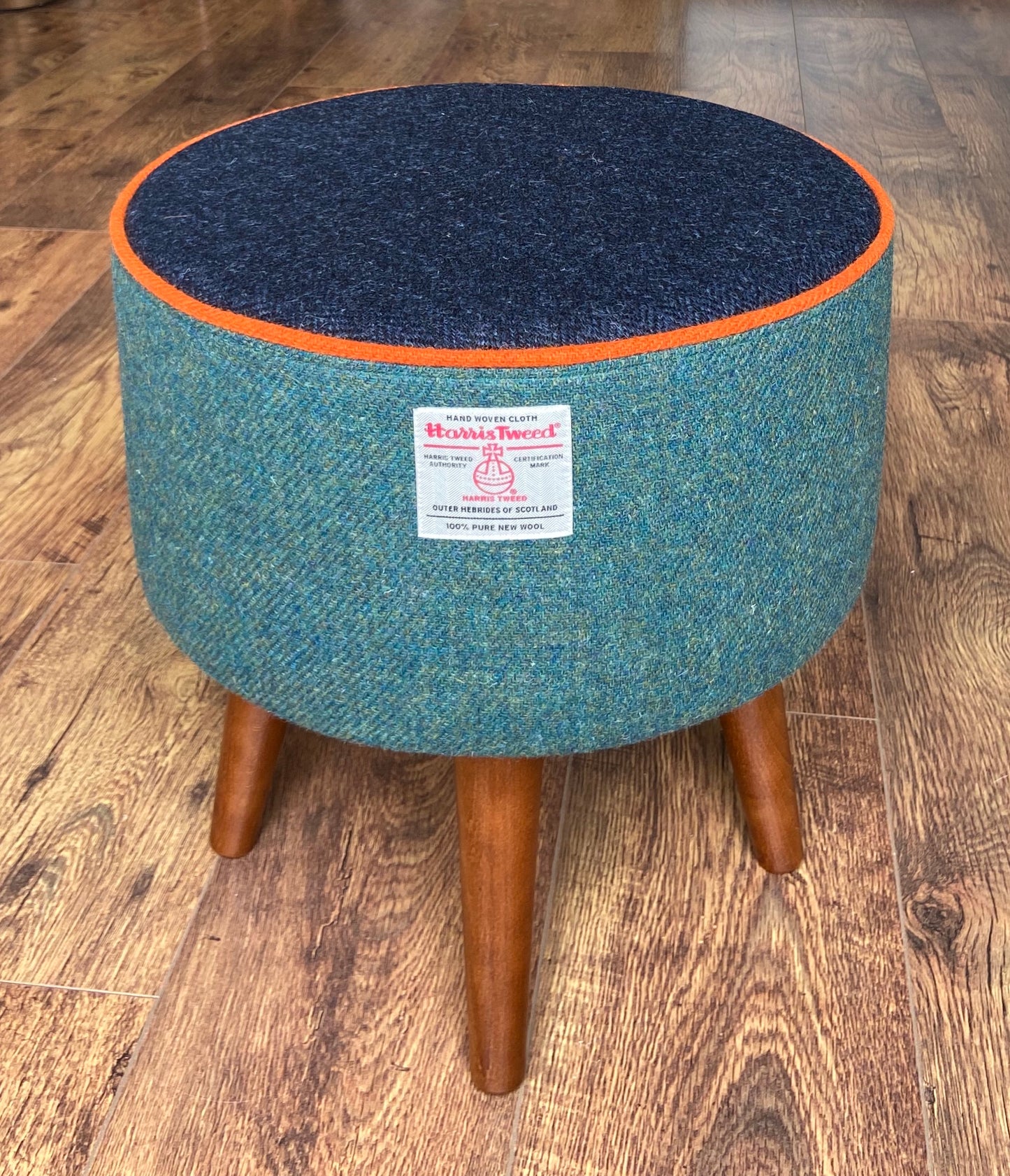 Green and Blue Harris Tweed Footstool with Orange Piping and Dark Varnished Wooden Legs