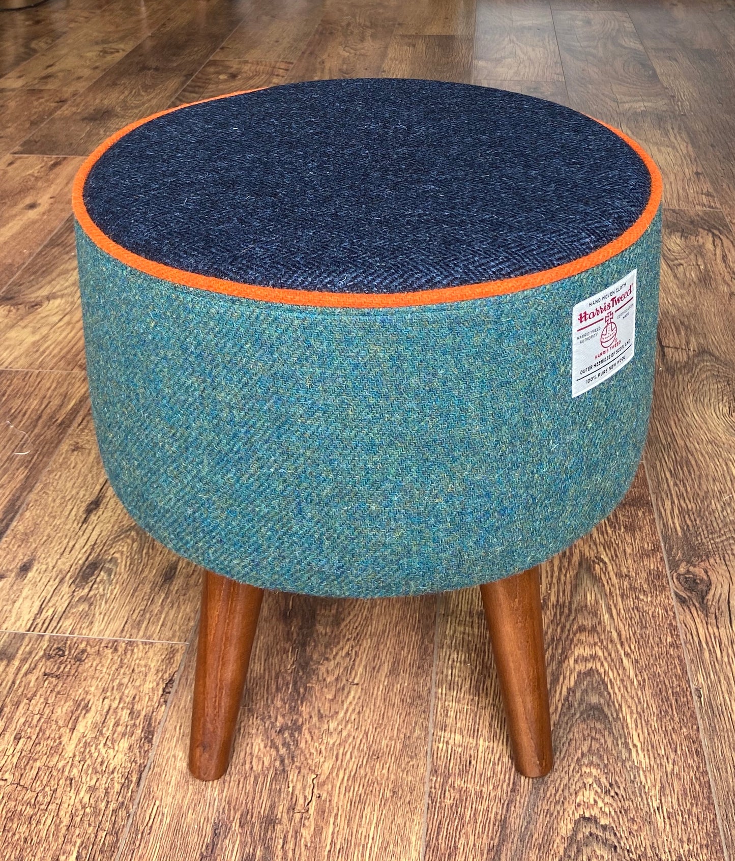 Green and Blue Harris Tweed Footstool with Orange Piping and Dark Varnished Wooden Legs