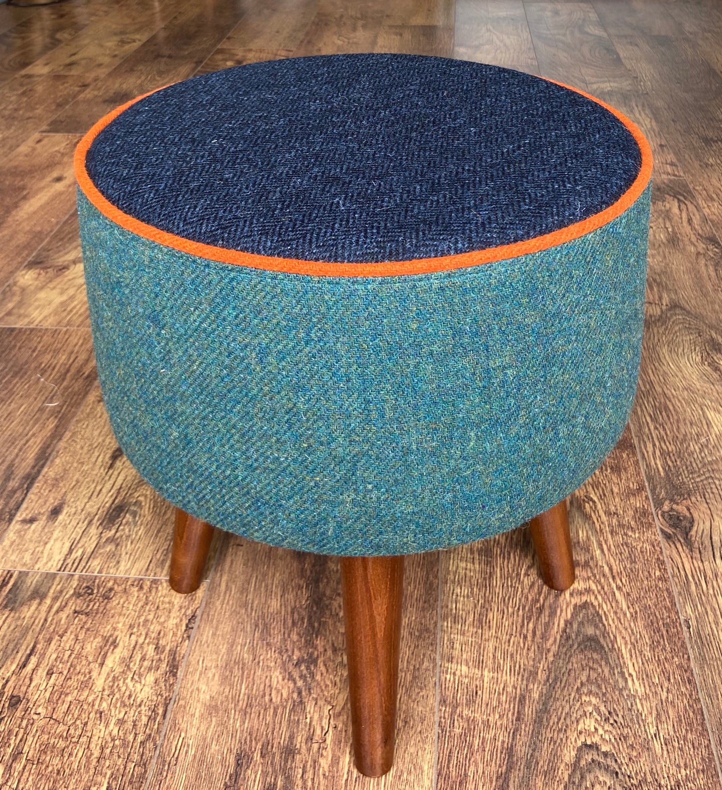 Green and Blue Harris Tweed Footstool with Orange Piping and Dark Varnished Wooden Legs