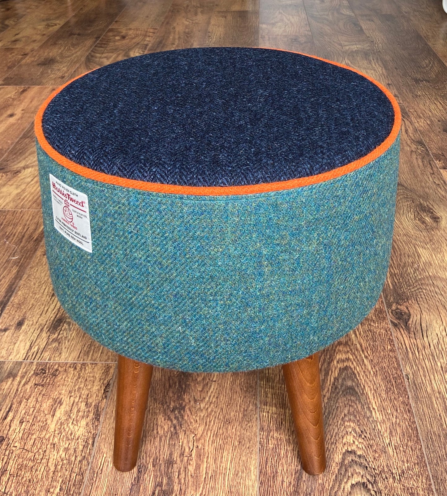 Green and Blue Harris Tweed Footstool with Orange Piping and Dark Varnished Wooden Legs