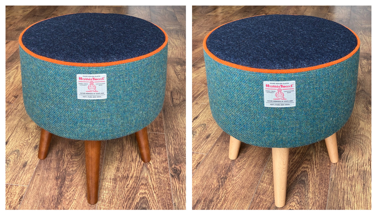 Green and Blue Harris Tweed Footstool with Orange Piping and Dark Varnished Wooden Legs