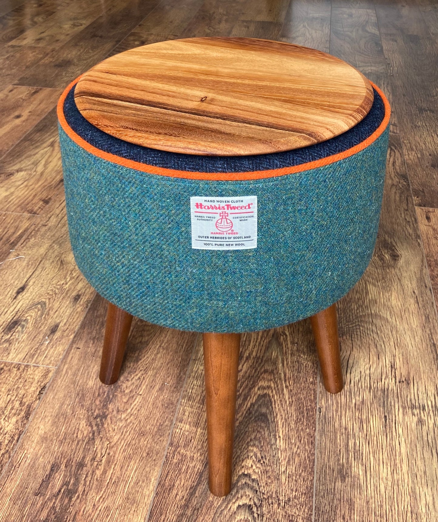 Green and Blue Harris Tweed Footstool with Orange Piping and Dark Varnished Wooden Legs