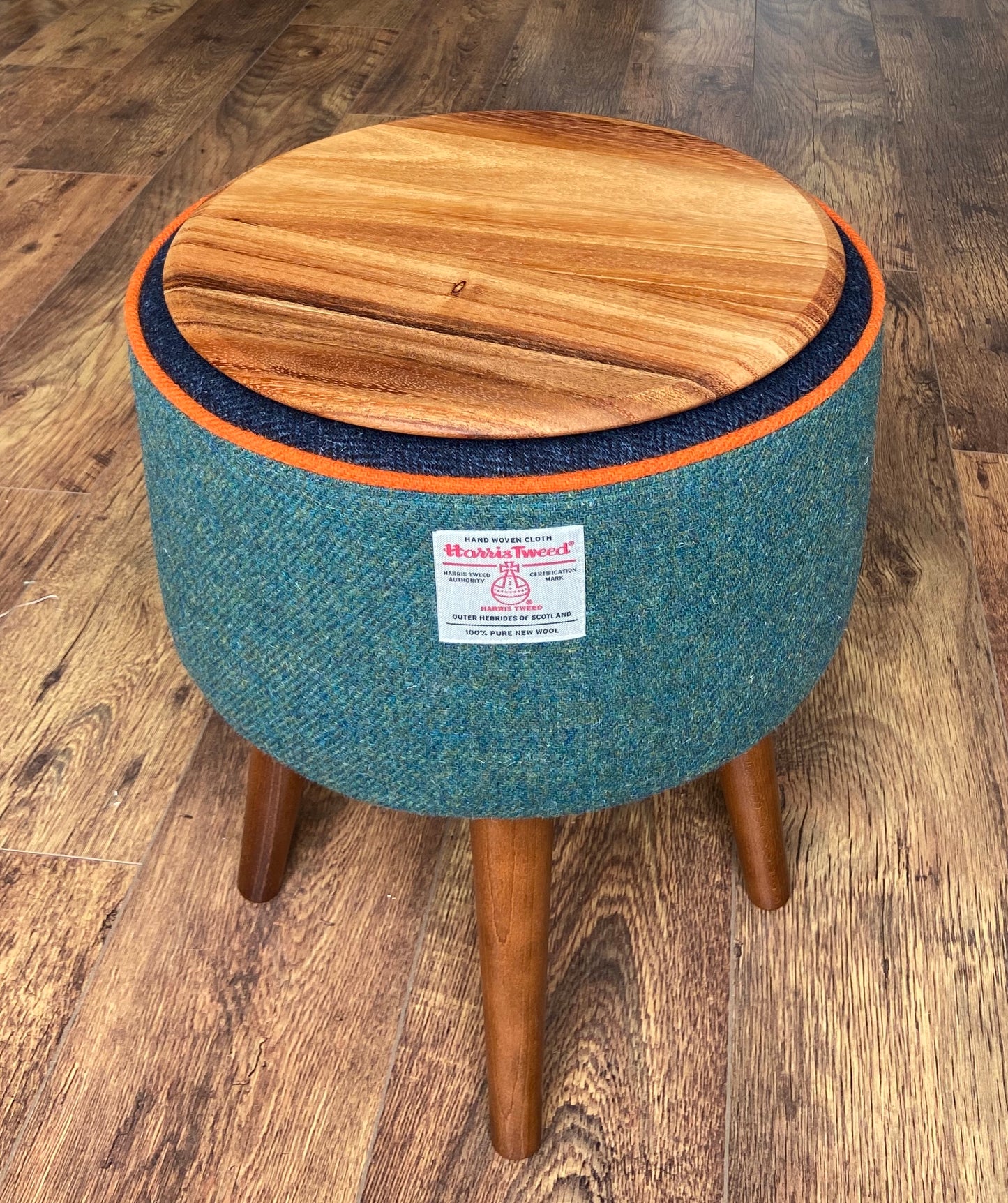Green and Navy Harris Tweed Table with Orange Piping and Removable Wooden Top