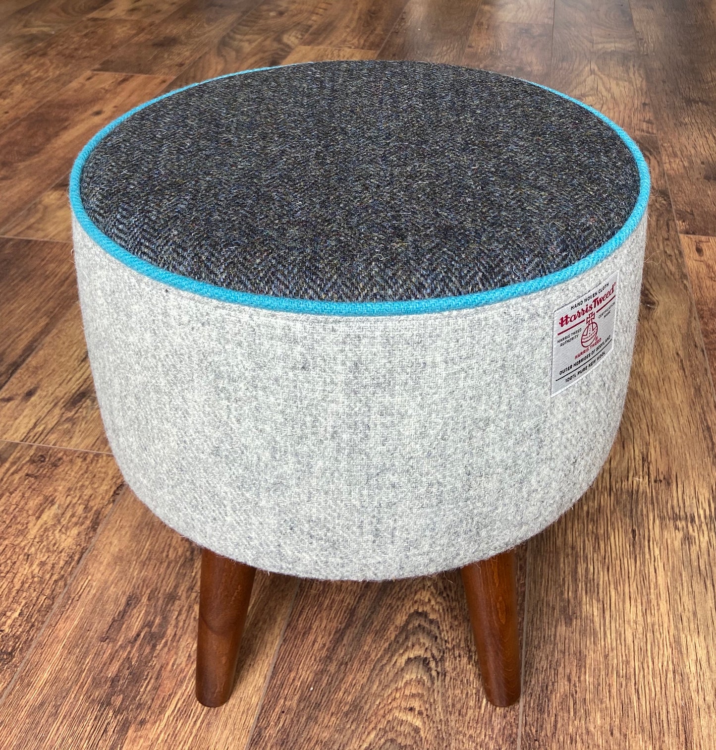 Grey and Charcoal Harris Tweed Footstool with Turquoise Piping and Dark Varnished Wooden Legs