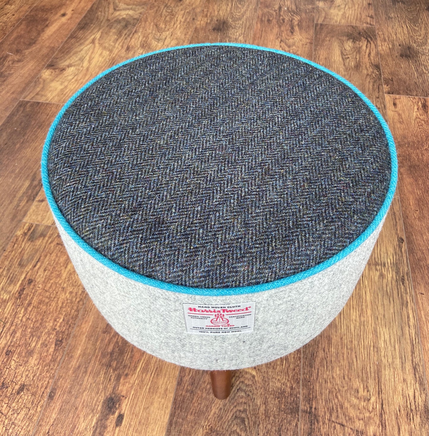 Grey and Charcoal Harris Tweed Footstool with Turquoise Piping and Dark Varnished Wooden Legs