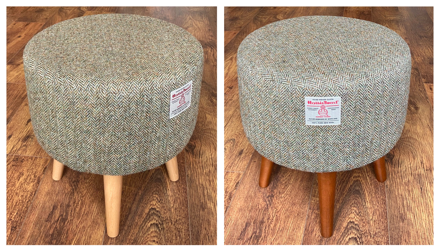 Brown Green Harris Tweed Herringbone Footstool with Dark Varnished Wooden Legs