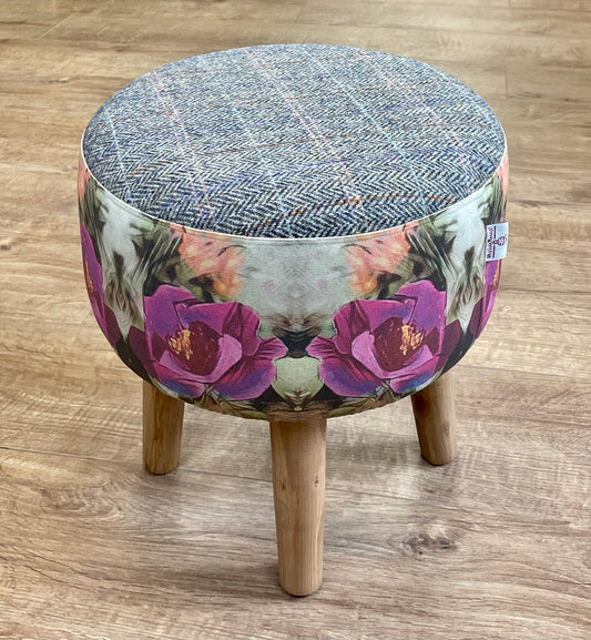 Organic Cotton Flower and Overcheck Harris Tweed Upholstered Footstool with Rustic Wooden Legs.