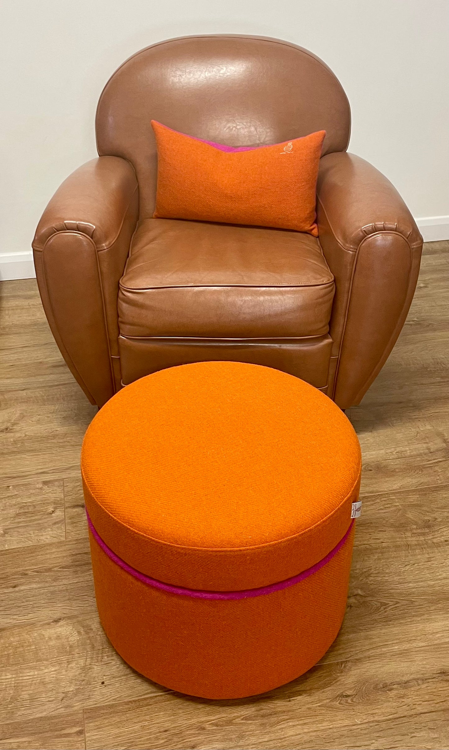 Orange Harris Tweed Floating Footstool with Pink Piping Detail