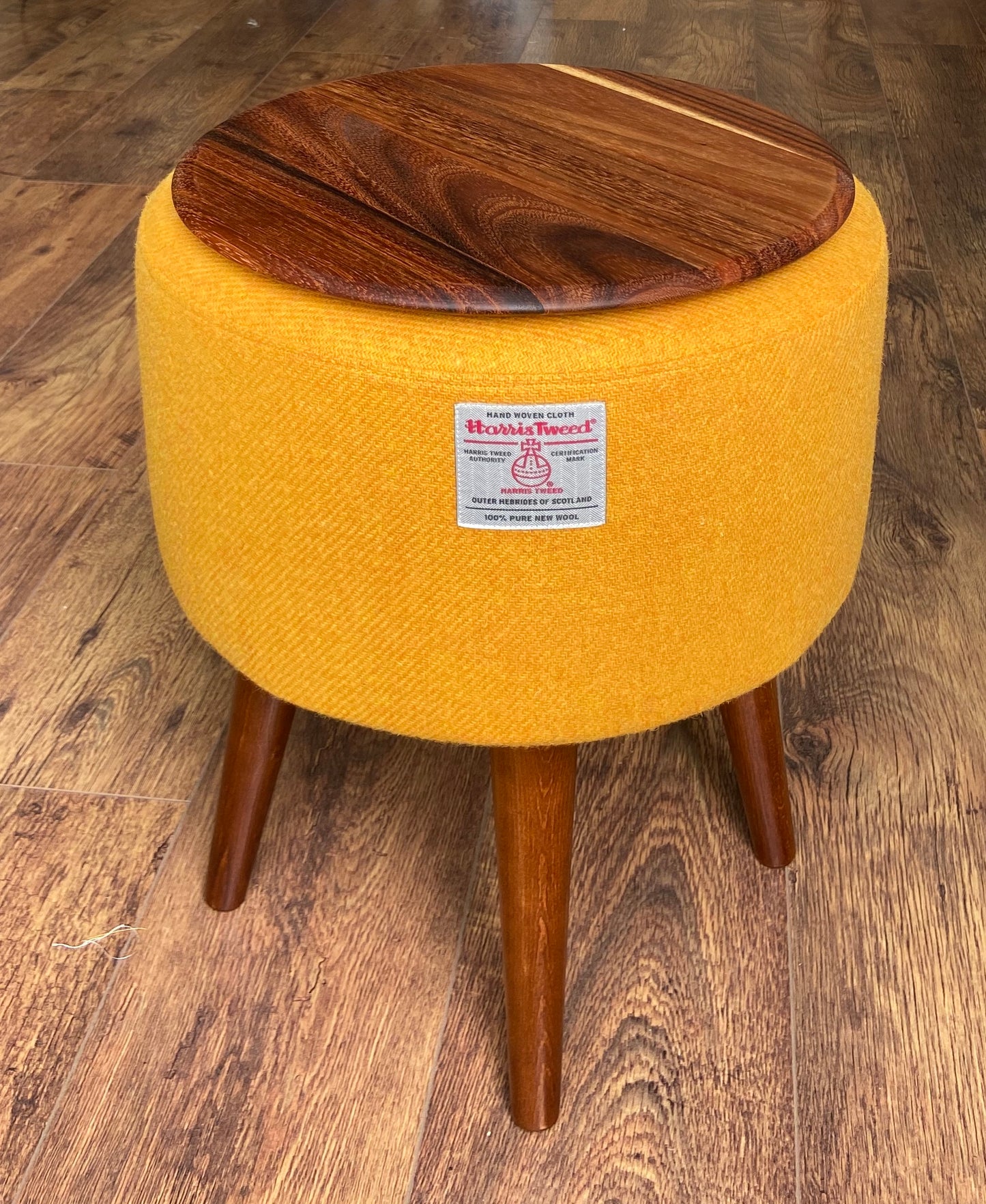 Yellow Side Table, Harris Tweed with Removable Wooden Top and Dark Varnished Wooden Legs