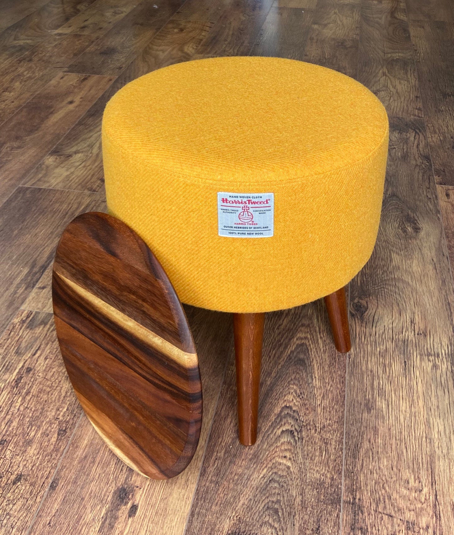 Yellow Side Table, Harris Tweed with Removable Wooden Top and Dark Varnished Wooden Legs