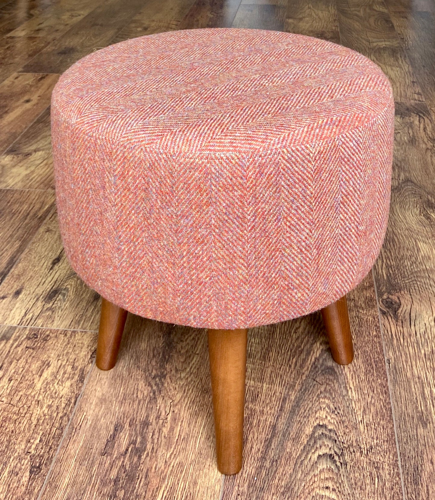 Rust / Burnt Orange Footstool: Harris Tweed, Dark Varnished Wooden Legs