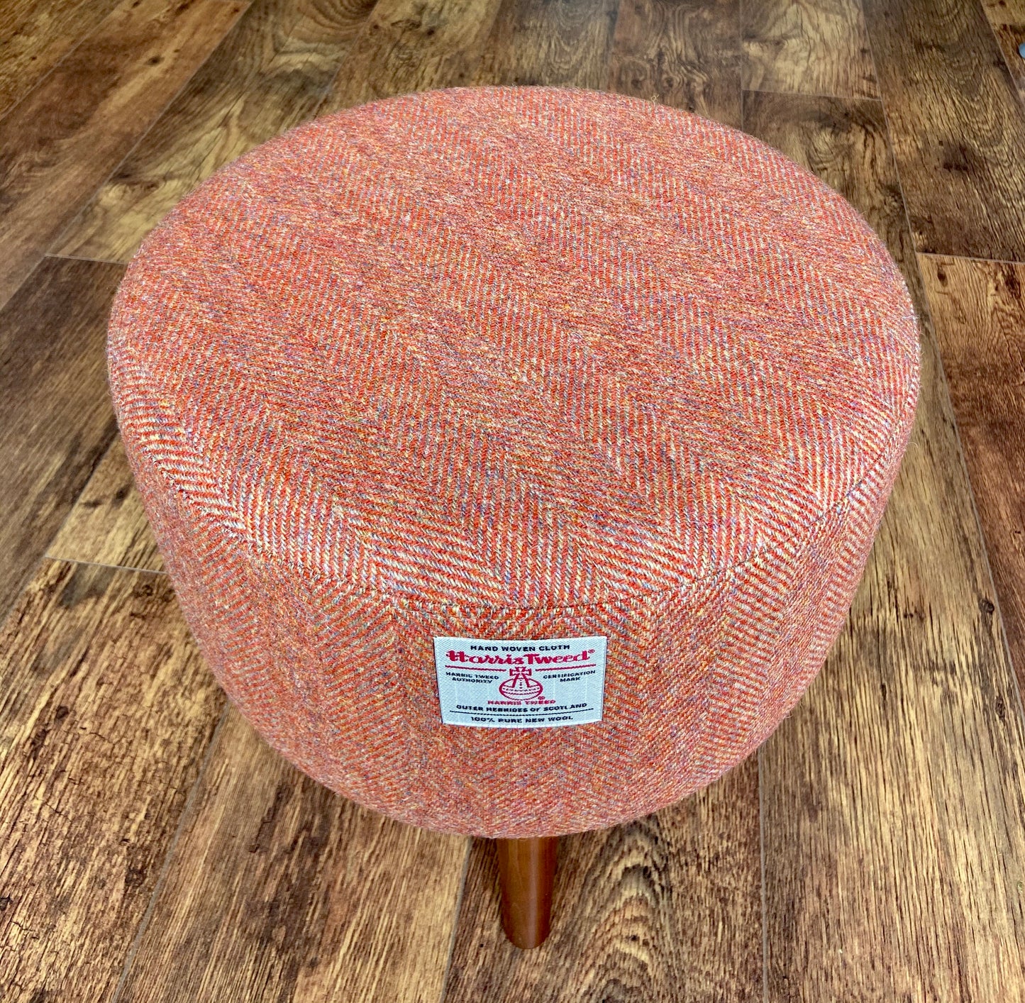 Rust / Burnt Orange Footstool: Harris Tweed, Dark Varnished Wooden Legs