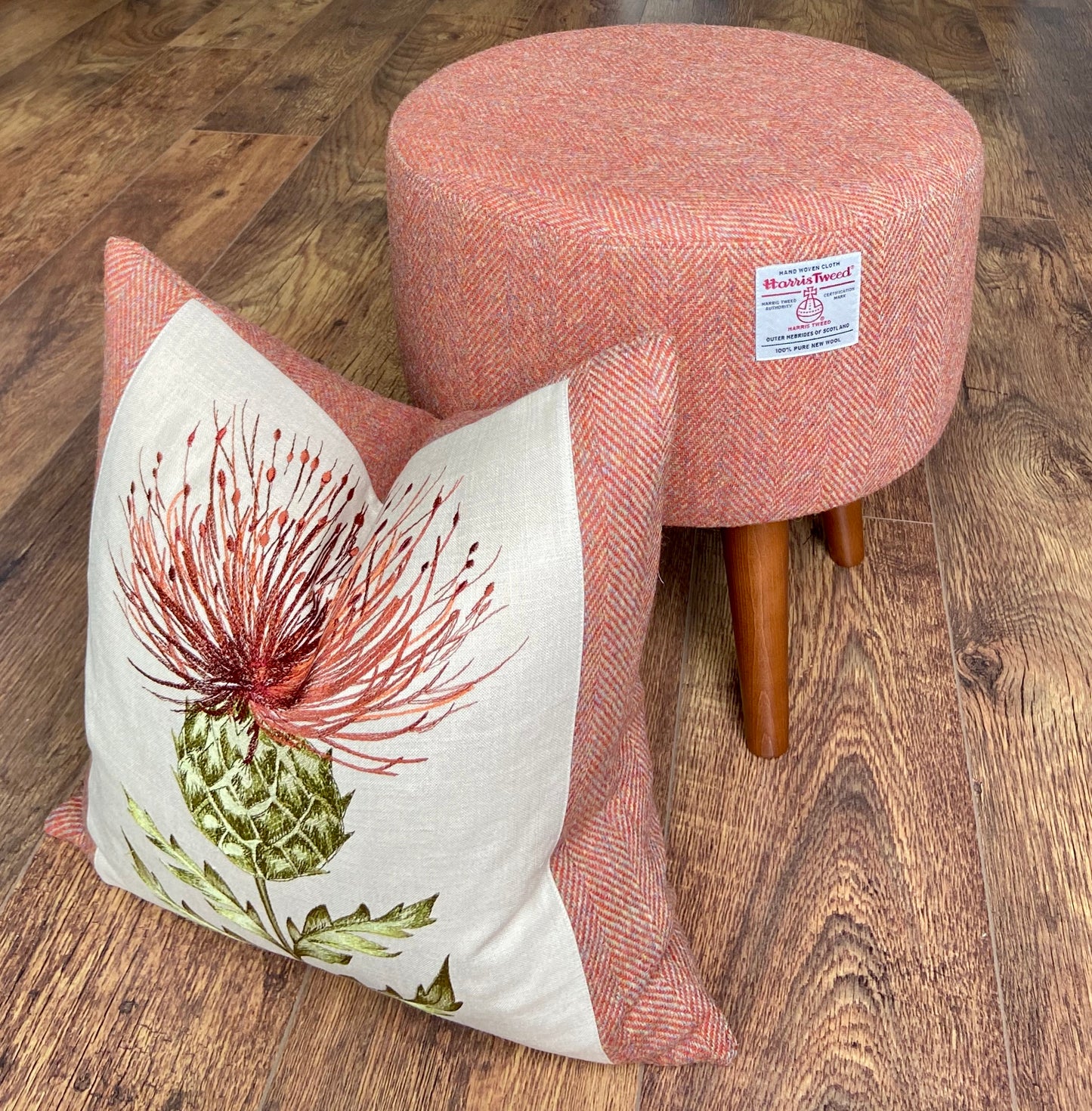 Rust / Burnt Orange Footstool: Harris Tweed, Dark Varnished Wooden Legs