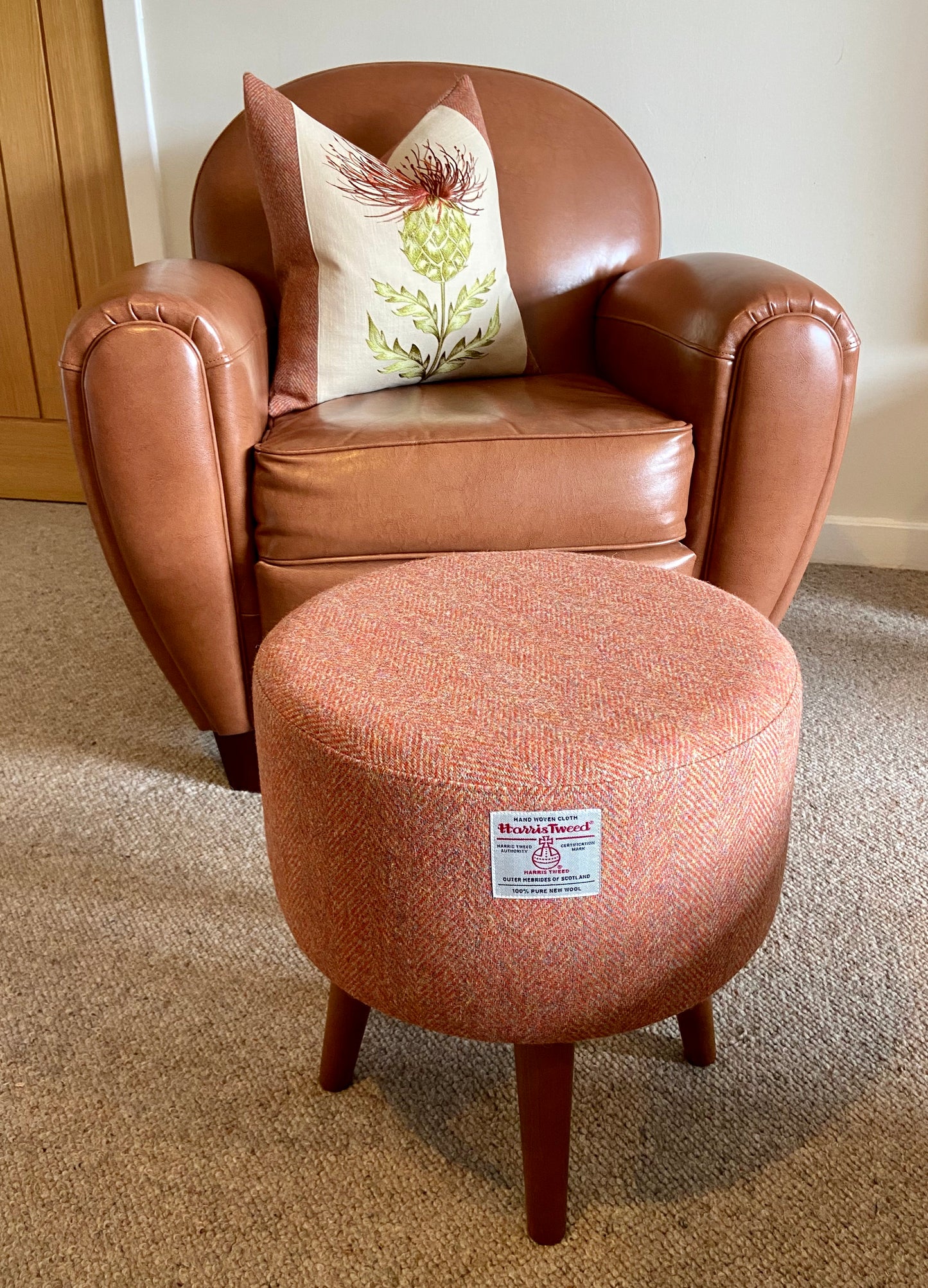 Rust / Burnt Orange Footstool: Harris Tweed, Dark Varnished Wooden Legs